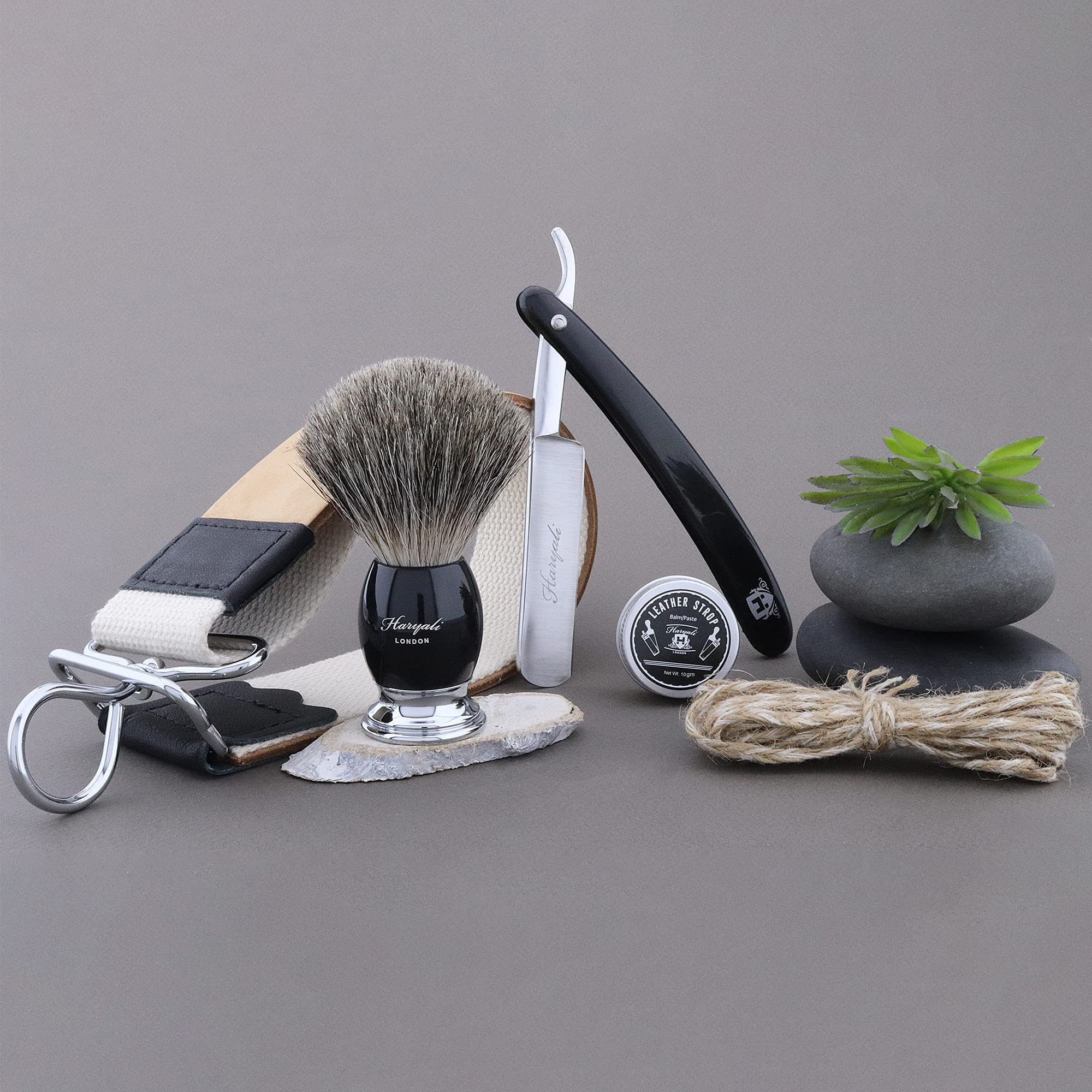 Haryali London Zestaw do golenia – 4 szt. – maszynka do golenia – najlepsza szczotka do golenia borsuka – elegancka skórzana taśma – związek Honning – zestaw do golenia w stylu vintage jako prezent