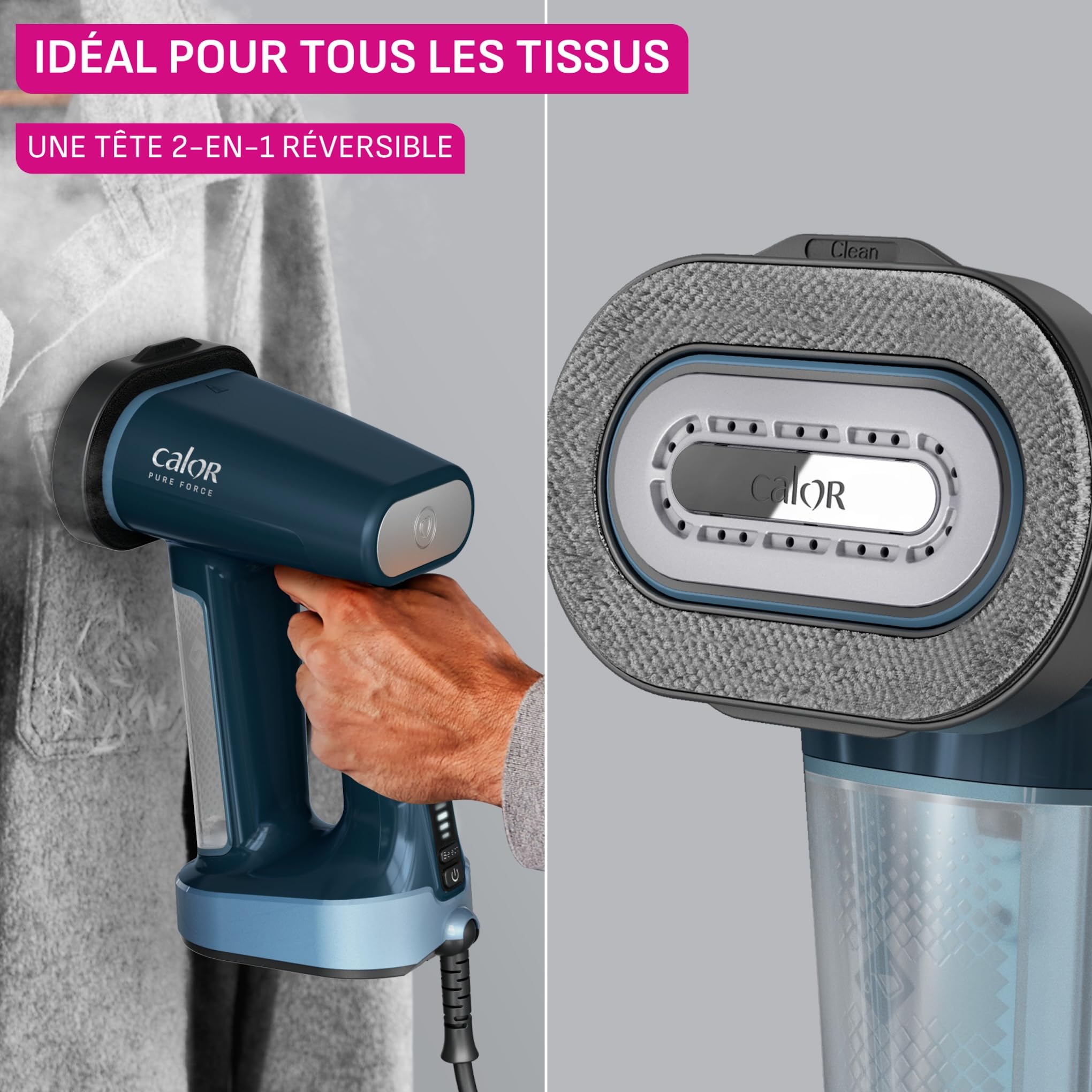Calor Pure Force 3en1, Défroisseur à main et fer à repasser, Utilisation verticale/horizontale, Nettoie, 1800W, 35g/min, Prêt en 25s, DT8755C0, Bleu Métallisé