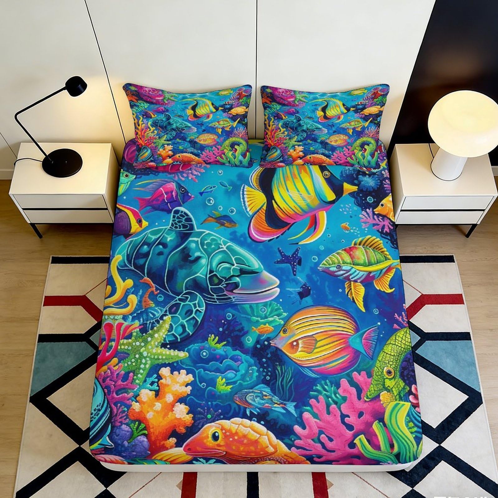 3D Printed Ocean Fish Fitted Sheet Microfiber Soft Breathable Underwater Coral Mattress Cover for Bedroom Dorm Mattress Decor 90x200x25cm