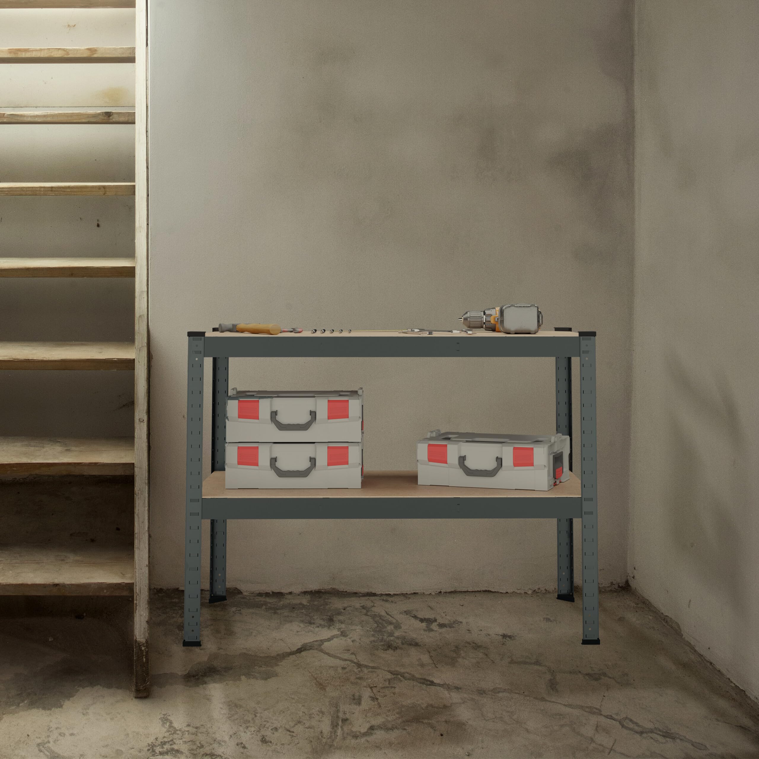 Relaxdays Banco de Trabajo 150 kg 2 Niveles Ajustables 90x120x60 cm Acero MDF Antracita