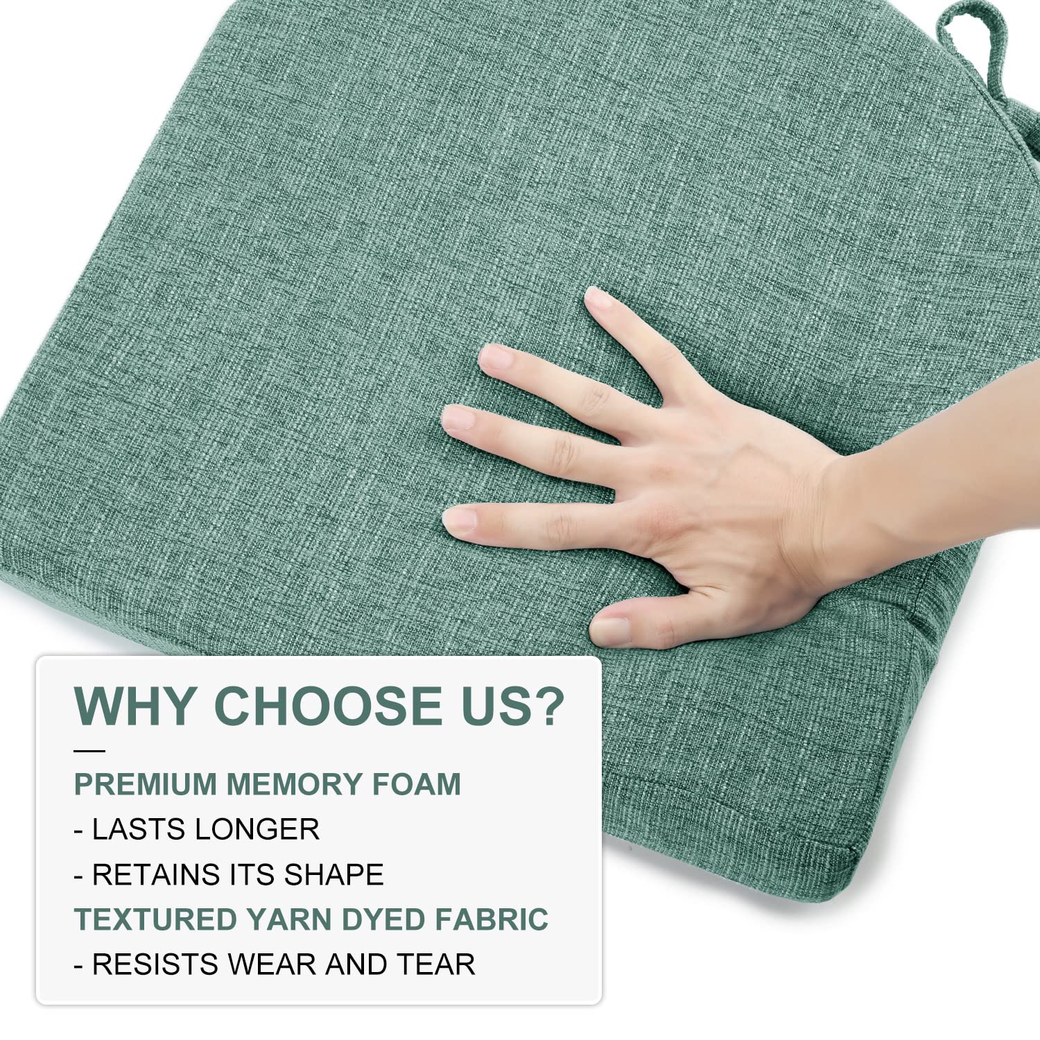 LOVTEX Chair Cushions for Dining Chairs 4 Pack - Memory Foam Chair Pads with Ties and Non-Slip Backing - Seat Cushion for Kitchen Chair 16"X16"X2", Green