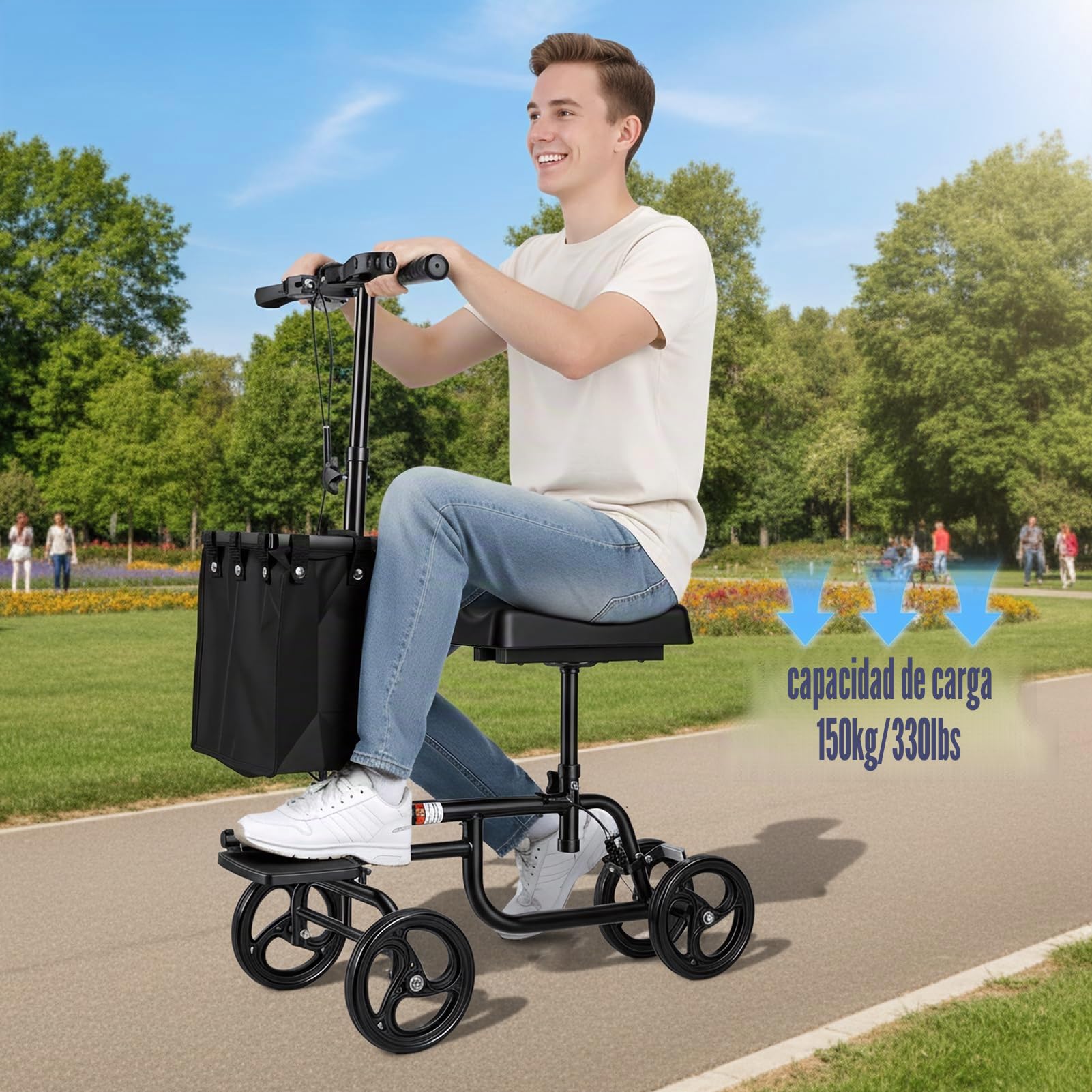 Patinete de rodilla para adultos, andador de rodilla para cirugía de pies, recuperación de lesiones de tobillo roto, acero al carbono, scooter médico, sistema de freno doble, muleta ligera