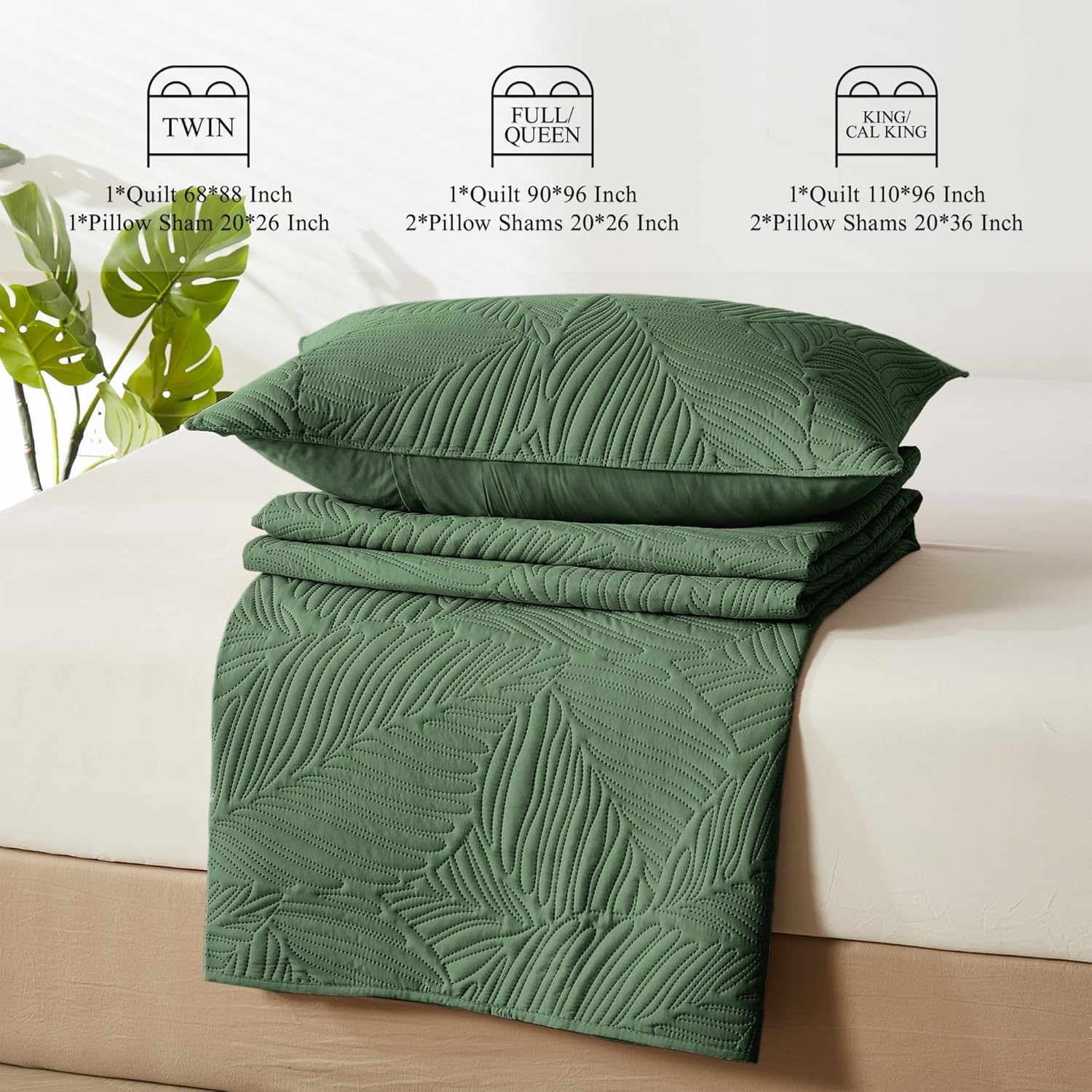 OARAGE King Quilt Bedding Set Lightweight Soft Olive Green Bedspread Coverlet with Leaf Pattern,Ultrasonic Microfiber Bed Cover Set for All Season 3 Pieces (1 Quilt, 2 Shams)