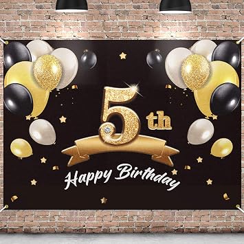 Happy 5th Birthday Banner Backdrop - 5 Birthday Party Decorations Supplies for Boys - Black Gold 4 x 6ft