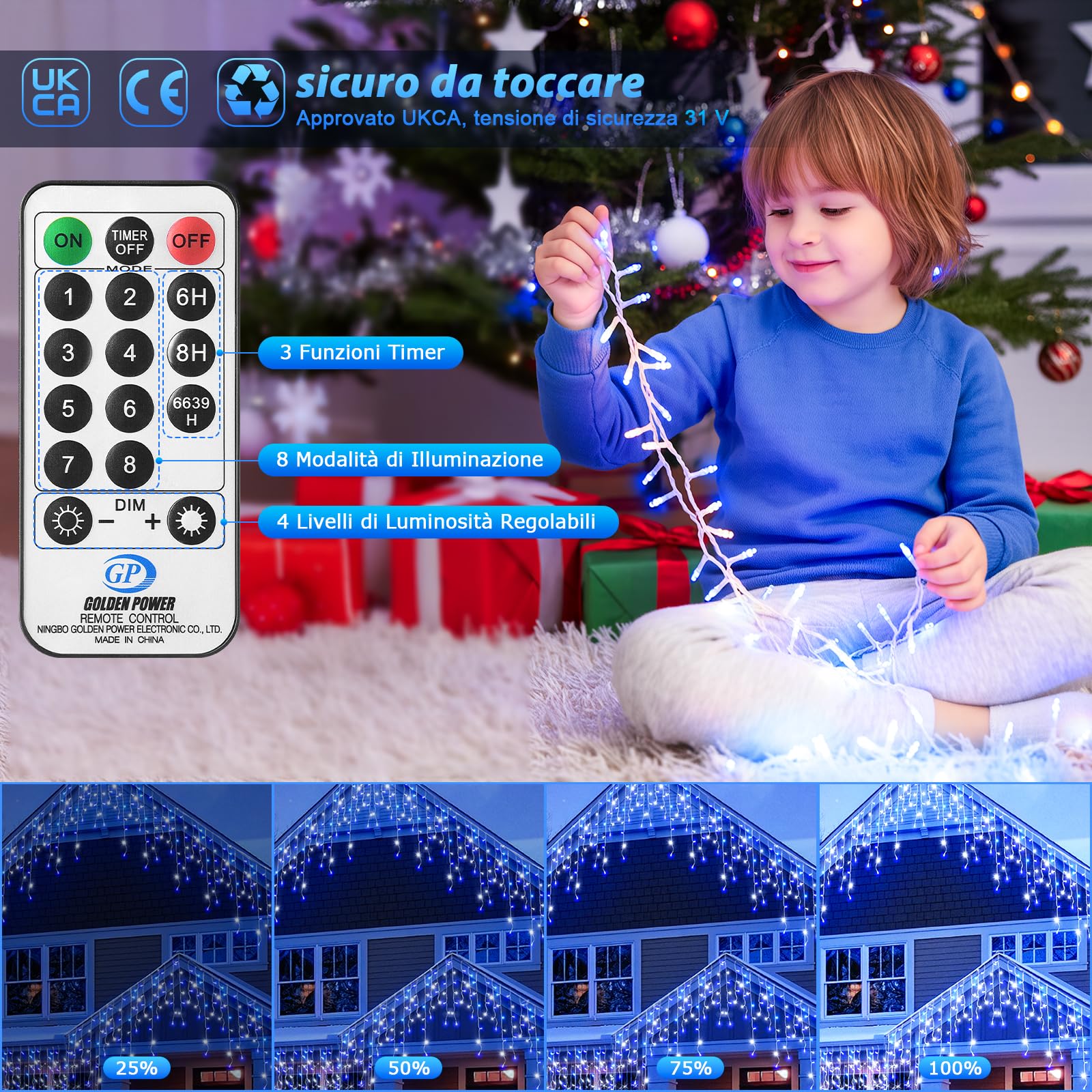 Tenda Luci Natale Esterno Cascata - 10M Catena Luminosa Esterno Blu e Bianco fredda con Telecomando Timer IP44 Impermeabili 8 Modalità Decorazioni Natalizie Luci Natale Esterno Cascata Balcone Casa