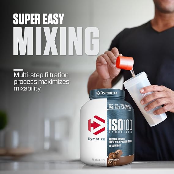 Dymatize ISO100 Whey Protein Powder Isolate, Gourmet Chocolate, 25g of Protein, 5 Pound, 5.5g BCAAs, Less Than 120 Cal., Gluten Free, 1g Fat, 1g Sugar, 2g Carb (71 Servings)