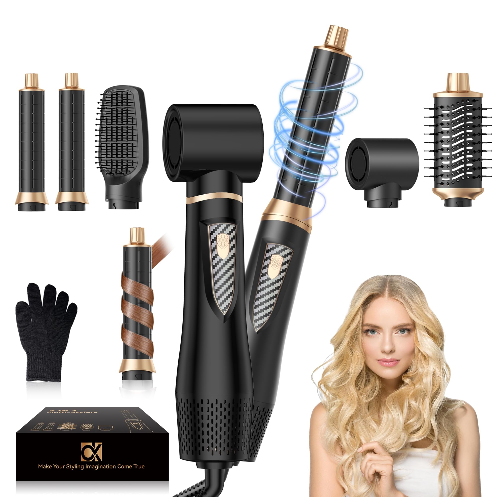 UMIGA Airstyler 5 in 1 Hairstyler Set, Ionen Föhnbürste mit 30mm Warmluft-Lockenstab | 1000W Haartrockner für Volumen, Trocknen, Glätten & Locken | 3 Temperaturstufen (50°C-105°C) für Alle Haartypen
