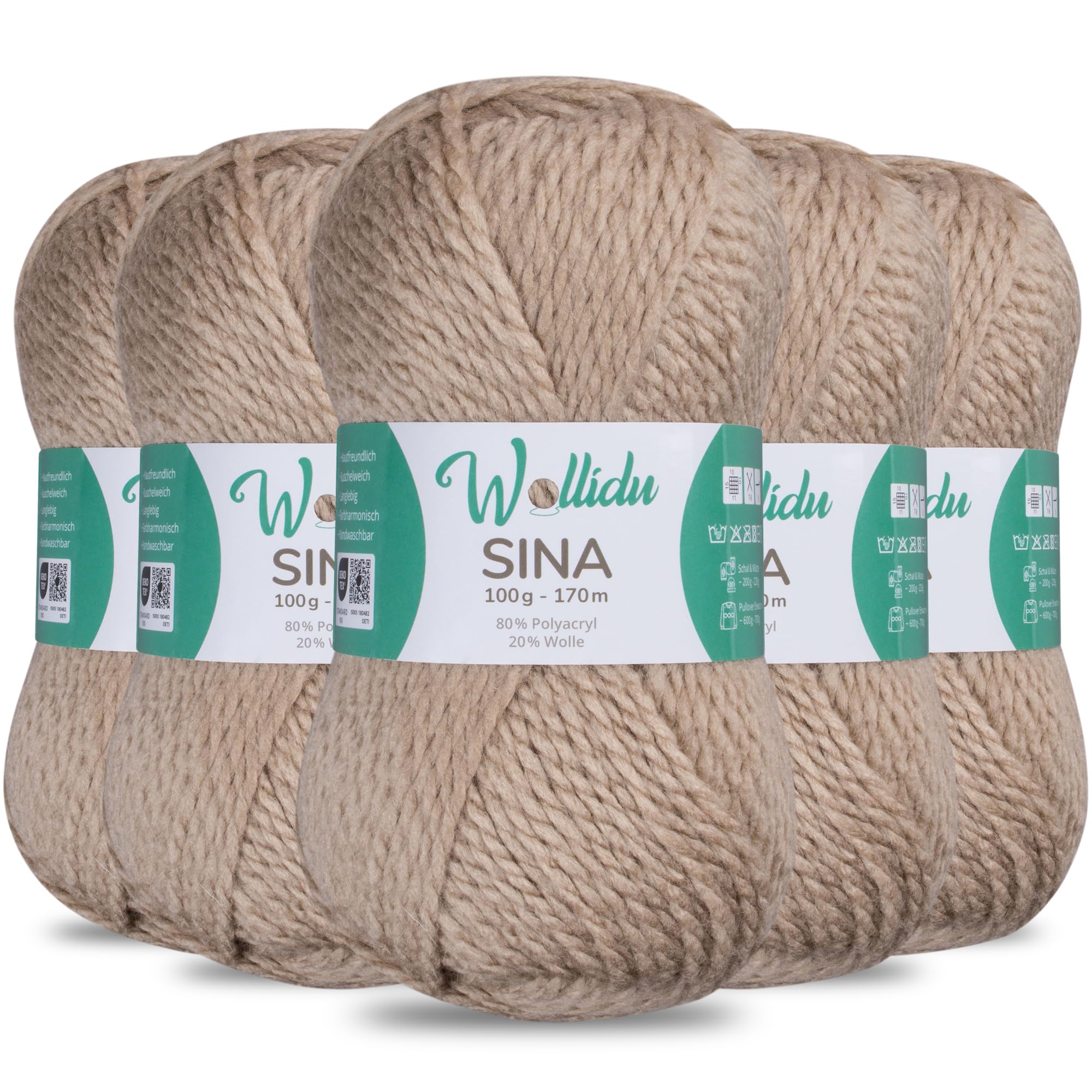 WolliduSina Wool for Knitting and Crocheting, 500 g, Premium Knitting Wool/Crochet Wool Set, Oeko-Tex Certified, 5 x 100 g/170 m, 80% Polyacrylic, 20% Sheep's Wool, Mulesing-Free, Light Brown