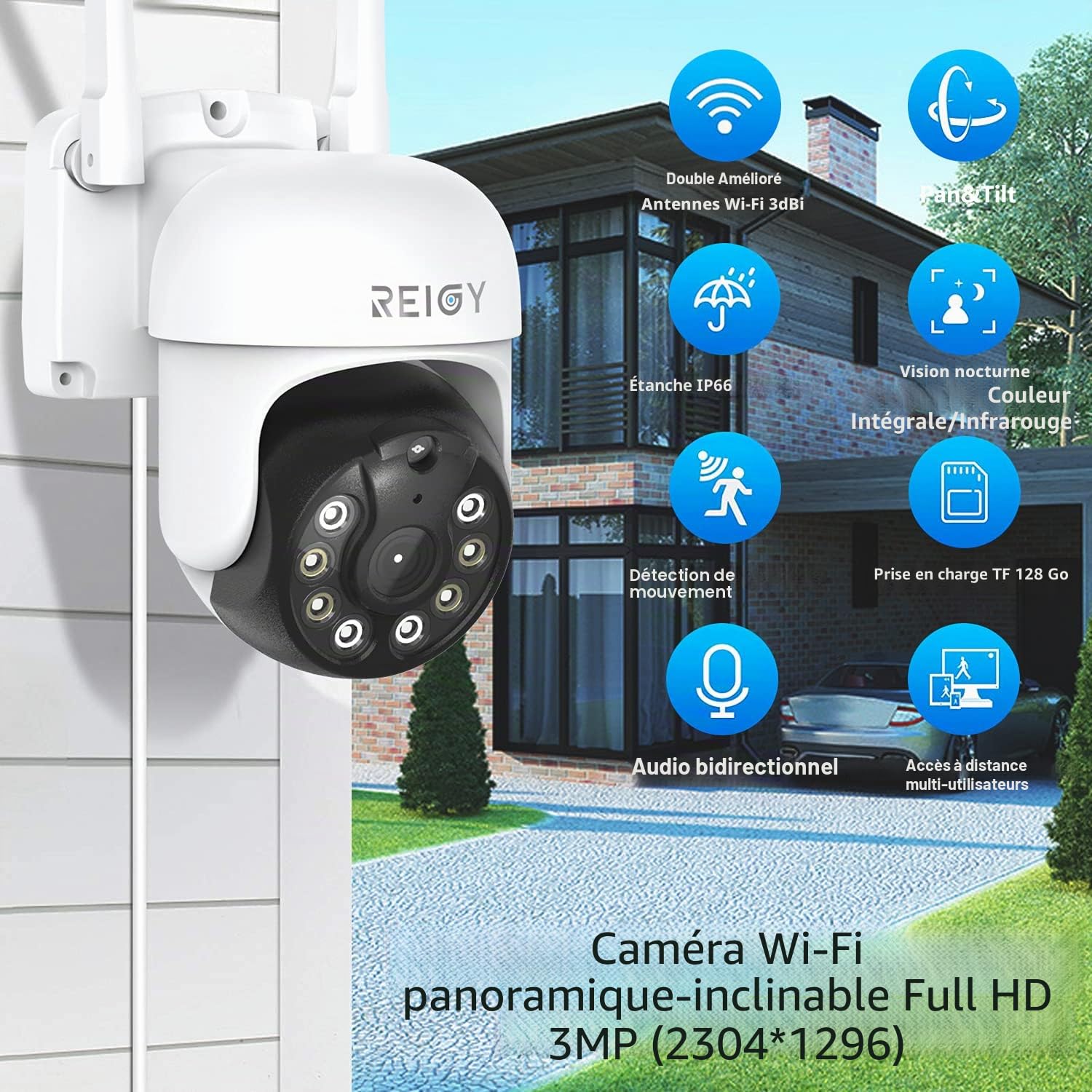 REIGY 3MP Caméra de Surveillance WiFi Extérieure PT 360 1296P IP Caméra de Sécurité sans Fil avec Détection de Mouvements Vision Nocturne en Couleur Audio Bidirectionnel Etanche IP66 Interieur