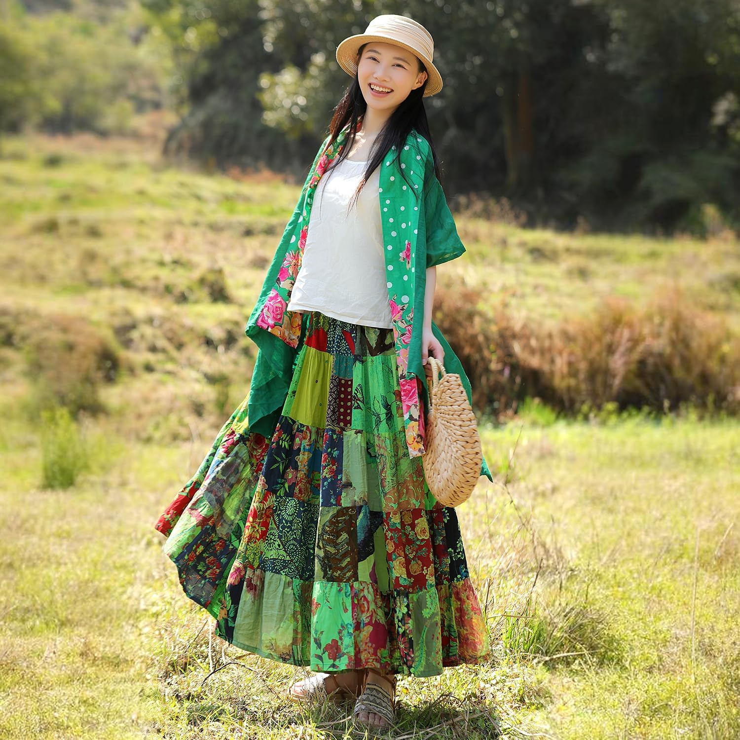 Boho Women Printed Cotton Linen Maxi Skirt Casual Patchwork Skirt Beach Travel Outfit