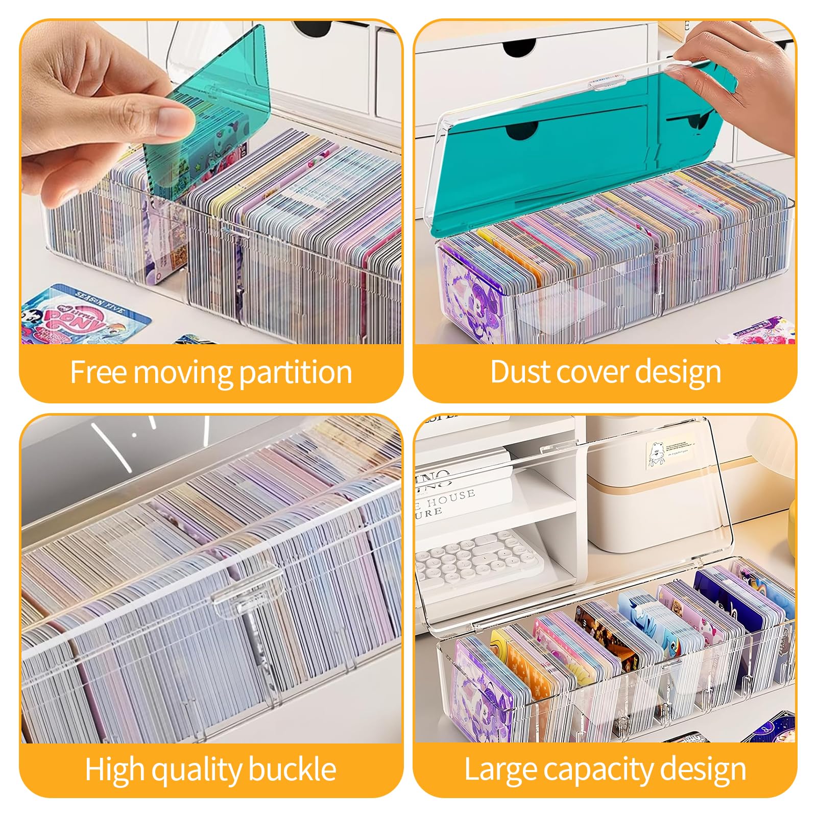 Lot de 2 boîtes de rangement transparentes avec séparateurs amovibles et couvercle pour jusqu'à 700 cartes, cartes d'apprentissage, cartes de visite (24,8 x 10 x 7,5)