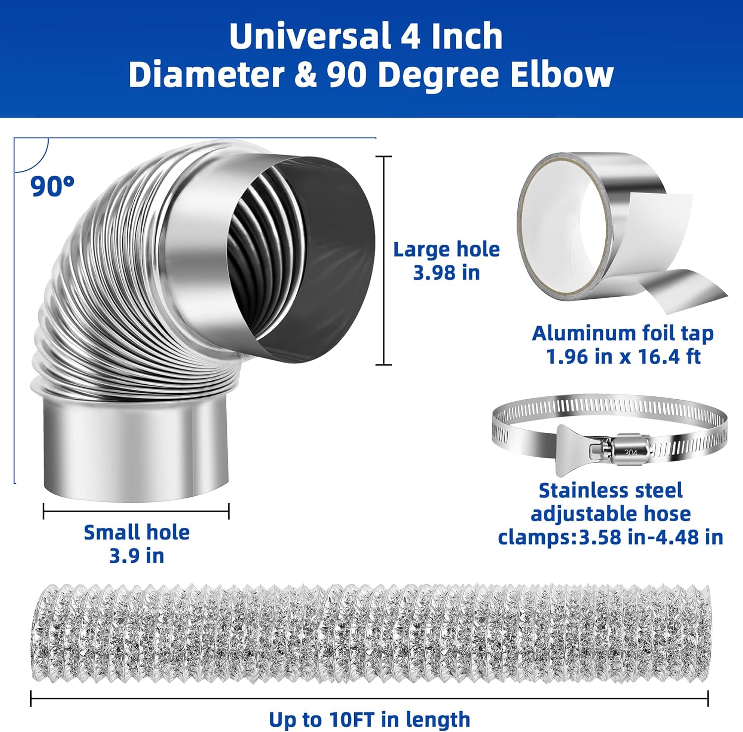 CELSOL 10FT 4" Heavy-Duty Dryer Vent Kit - Fire-Safe Aluminum Hose & 2 Stainless Steel 90° Elbows for Tight Spaces, Complete with Foil Tape & Clamps (Laundry/Bathroom/RV)