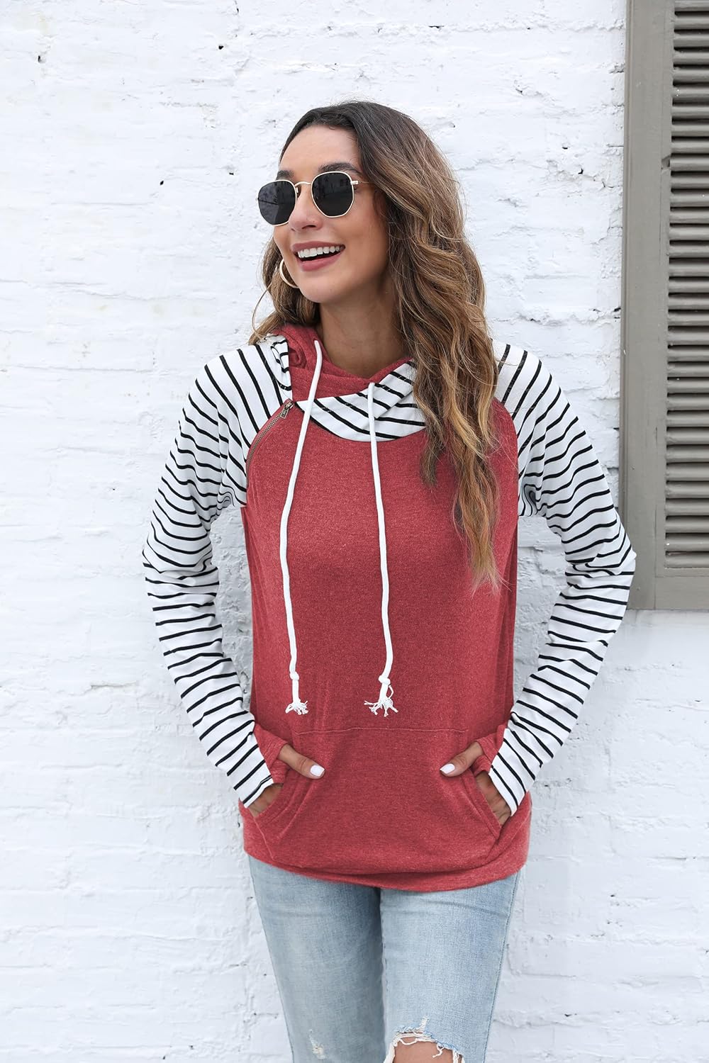 Womens Long Sleeve Tops Pullover Fashion Sweatshirts Double Hooded Block Casual Comfort With Kangaroo Pockets - Image 3