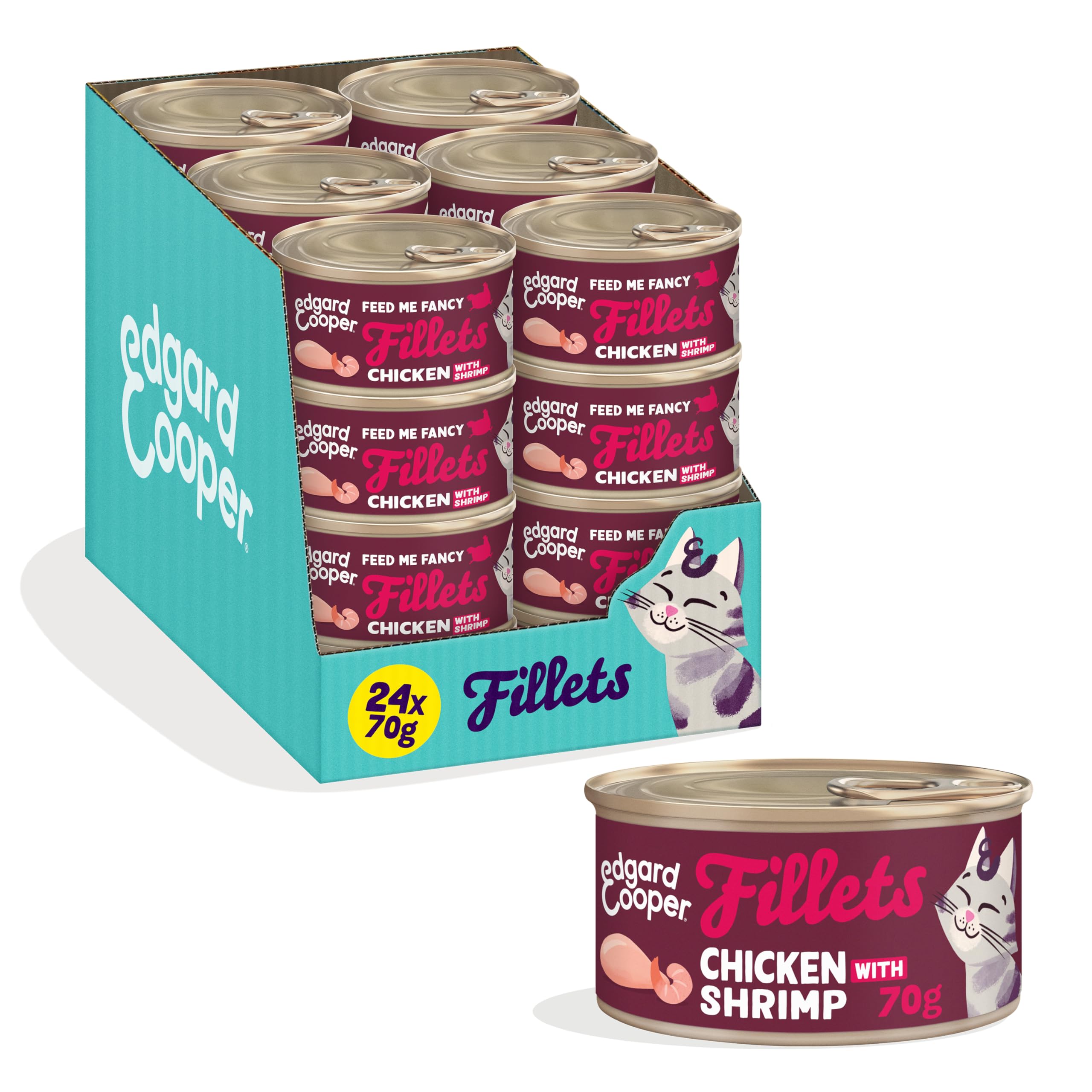 Edgard & Cooper Wet Cat Food, Fillets In Broth, 24 x 70g Chicken with Shrimp, Grain-Free Cat Food, Natural Ingredients, Also For Sterilised Cats, Real Chicken & ASC Certified Shrimp, No Added Sugar