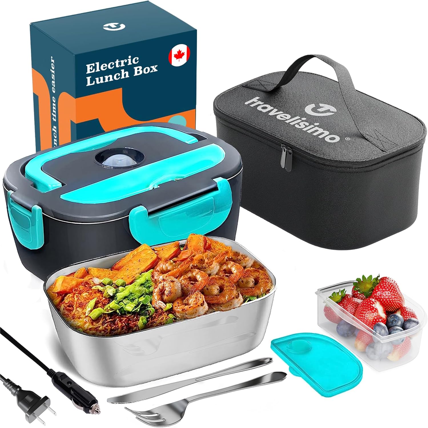 Fagalil Draadloze elektrische lunchbox, 1 l, op batterijen verwarmde lunchbox voor volwassenen, draagbaar, van roestvrij staal, met servies en geïsoleerd zakje