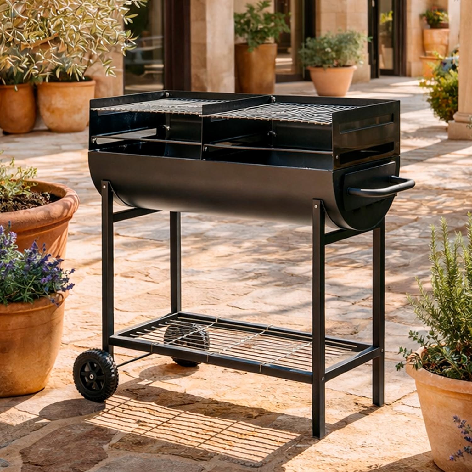 BRICOZONE Barbecue a Carbone con 2 Griglie Regolabili BBQ in Acciaio Resistente con Ruote e Ripiano Portaoggetti Ideale per Giardino Terrazzo e Grigliate all'Aperto 90 x 45 x 96 cm Nero