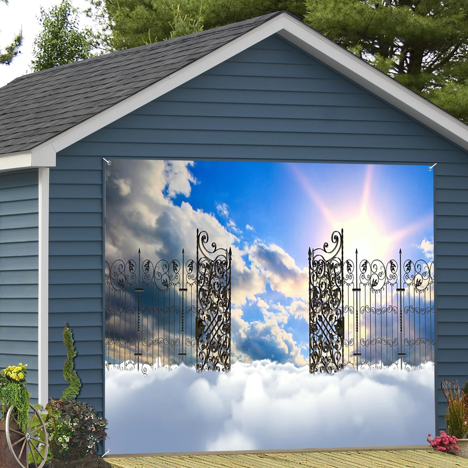 7x16ft Heaven Garage Door Decor Sky Clouds Paradise Gorgeous Patterned Iron Door Gate Holy Light Photography Background Baptism Religion Church Christian Easter Banner