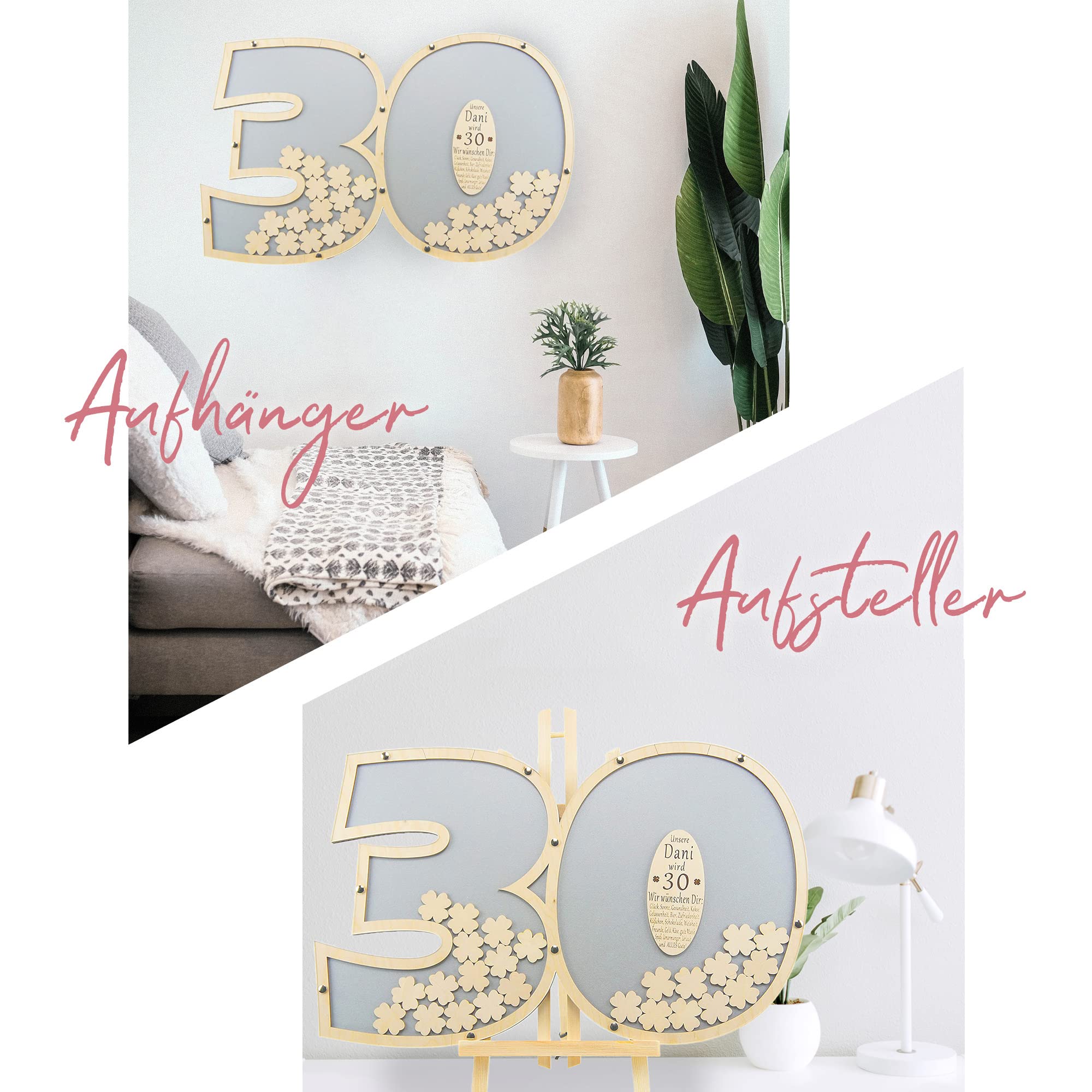 Besonderes personalisierbares Gästebuch aus Holzzahlen 30 | 40x60cm in silber | Holz Kleeblätter zum Beschriften | Geburtstagsdeko | Made in Germany