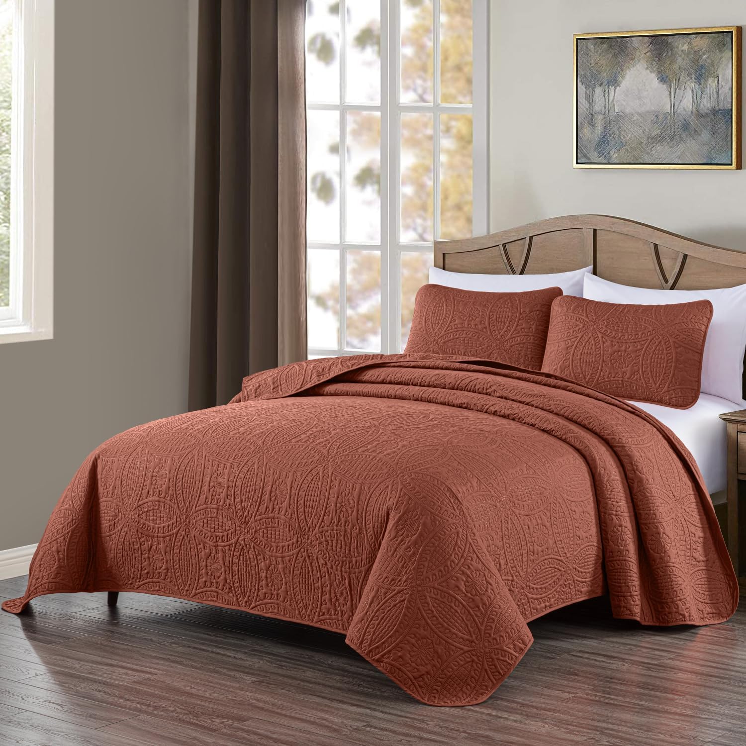 Chezmoi Collection Austin Queen Bedspread Set 3-Piece Pinsonic Quilted Oversized Bedspread Coverlet Set, Queen, Terracotta Queen Terracotta