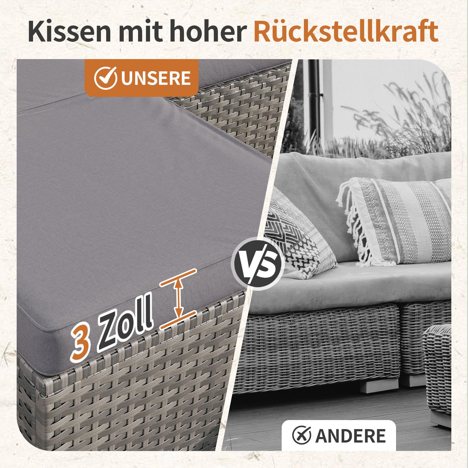 Aoxun Gartenmöbel Set Polyrattan 3-teilig mit 7,5cm dicken Kissen & Glas-Couchtisch, wetterfeste Gartenlounge Outdoor mit extra Langer 196cm Sitzbank, Stabiler Balkon Terrassen Außenmöbel Satz (Grau)