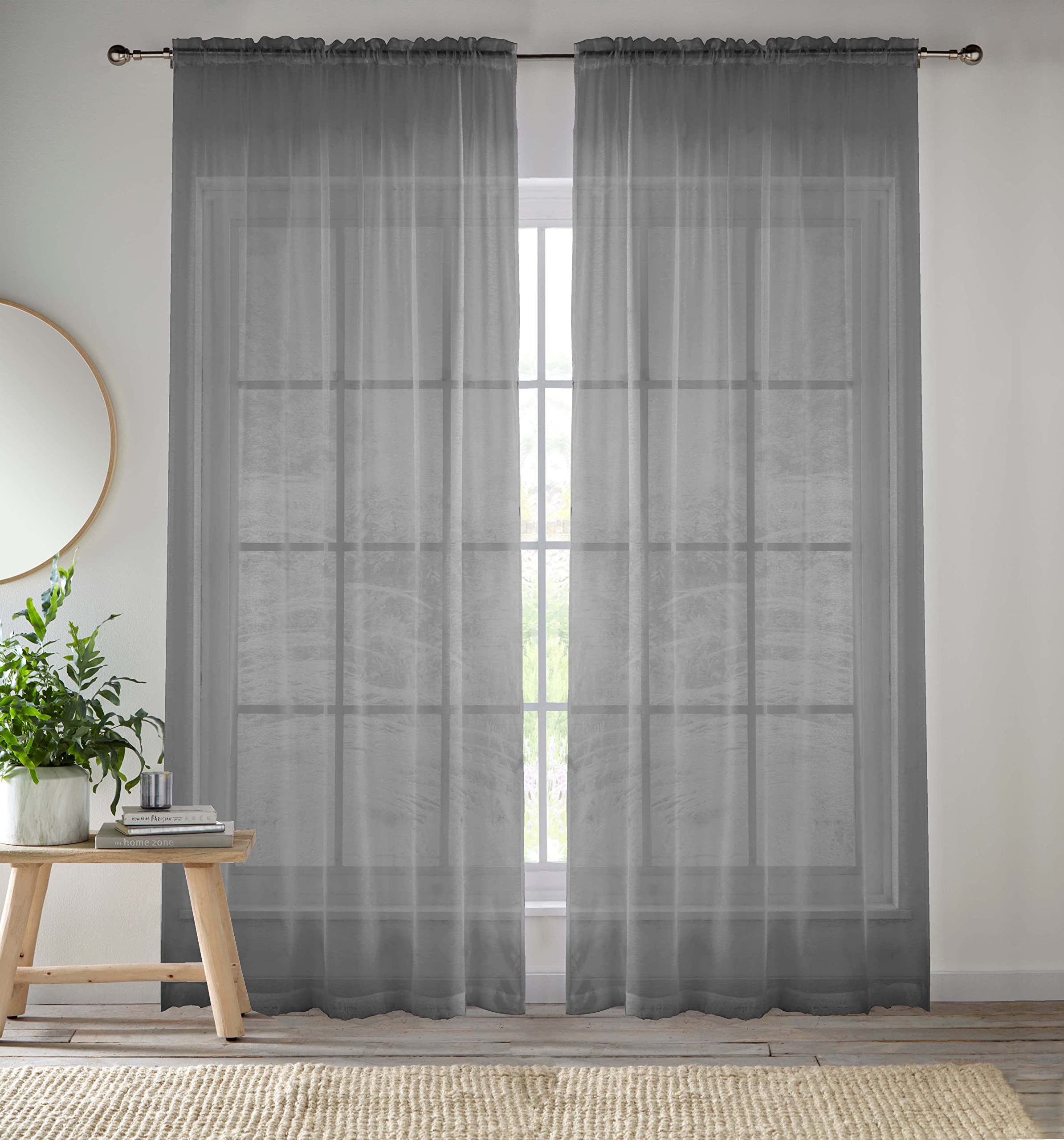 Grey Sheer Plain Curtain Voile Panel Woven Slot Top Pair (57x48"") 145x122cm