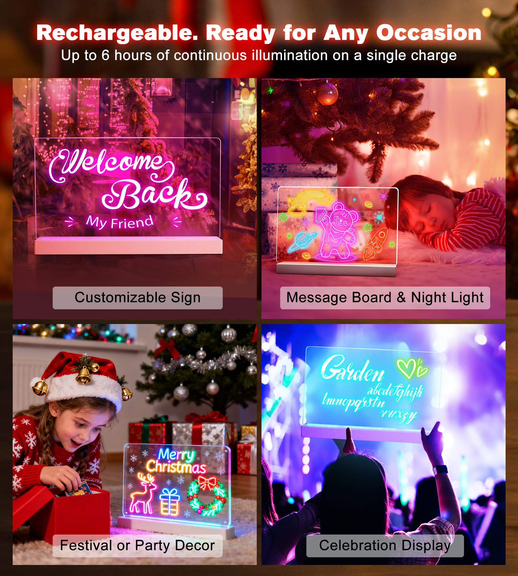 Planche à Dessiner LED Lumineuse Pour Enfants, Tableau Lumineux LED Rechargeable néon Acrylique 7 Stylos de Couleurs,Idéal Comme Décoration de Chambre et Comme Cadeau D'anniversaire/de Noël (35x35 cm)