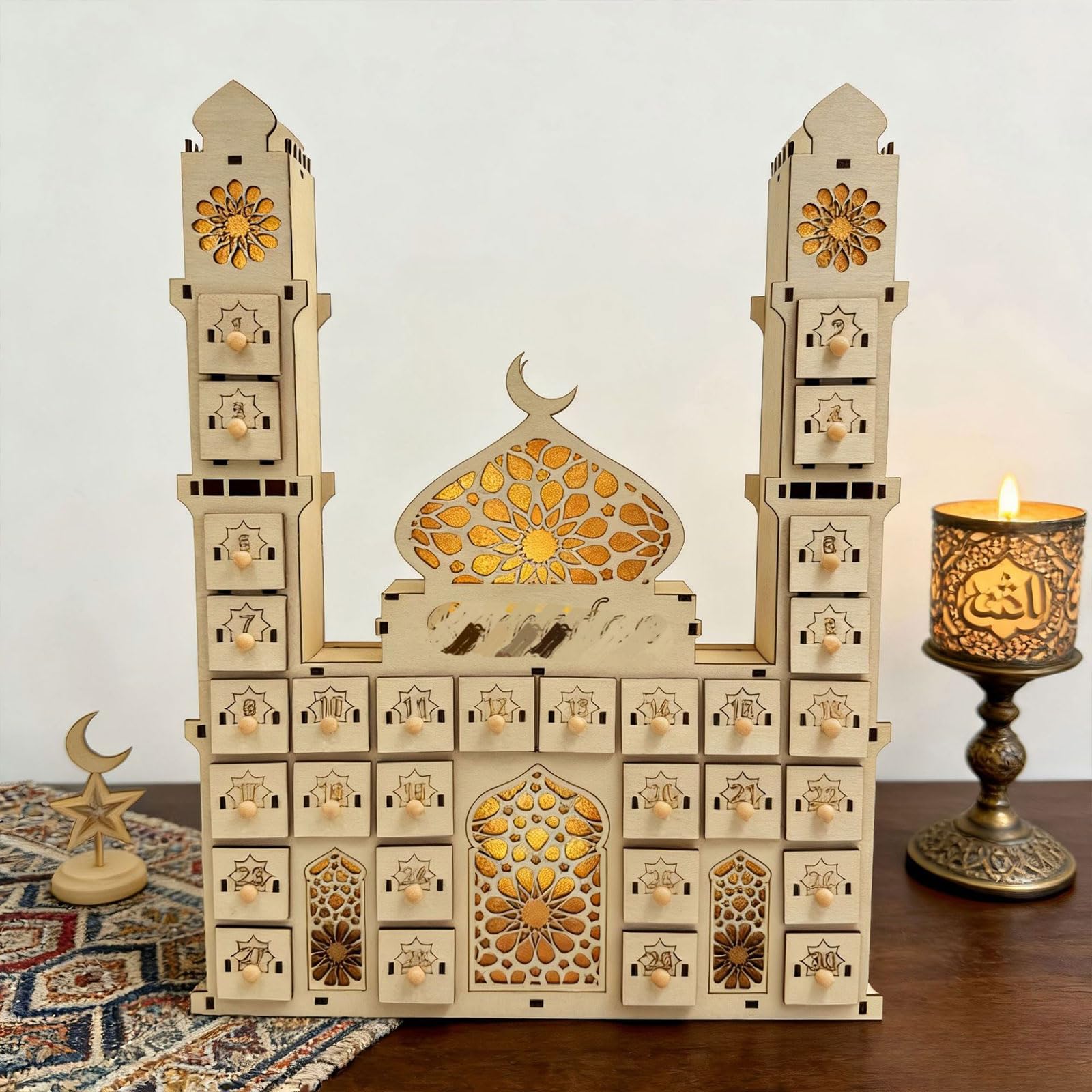 ordinarYone Calendario per conto alla rovescia dei castelli del Ramadan, con luce a LED e 30 cassetti, in legno, decorazioni per l'avvento per feste islamiche