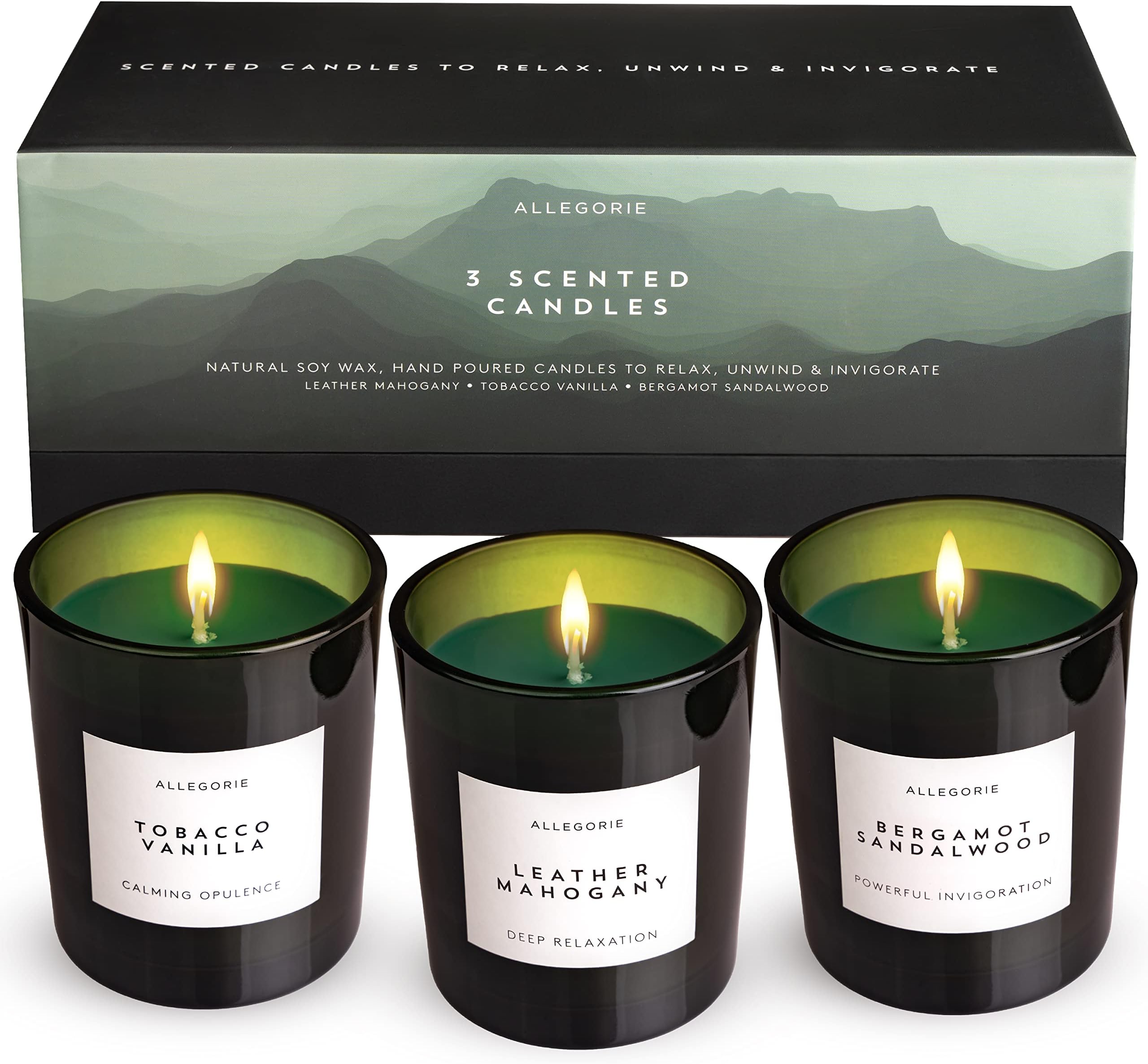 Set of Three Scented Candles for Men | Masculine scents of Bergamot & Sandalwood. Leather & Mahogany, Tobacco & Vanilla | 3 x Natural Soy Wax Candle for Men (5.6oz)