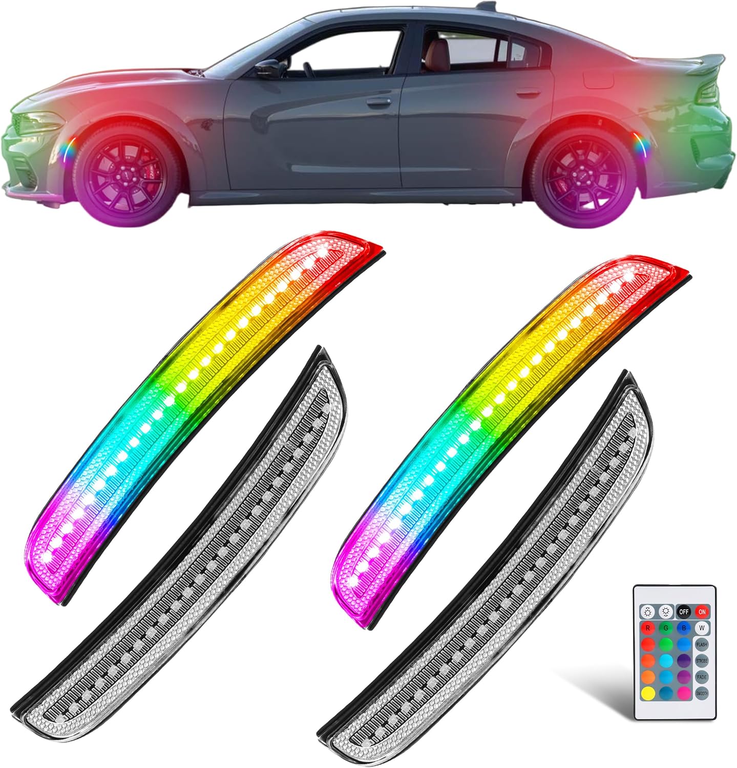 RGB LED Front & Rear Side Marker Lights Assembly for 2015-2023 Dodge Charger, Fender Bumper Marker Signal Lamps, Replace OEM Clear Lens RGB LED Side Turn Signal Lamps, 4 PCS