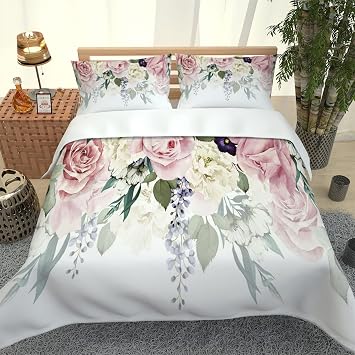 Bedding Set Kids Single Duvet Set White Red Flowers 3 Pieces Printed Pattern With 2 Pillowcases 50X75Cm, Soft Hypoallergenic Microfiber Quilt Cover 135X200Cm, With Zipper