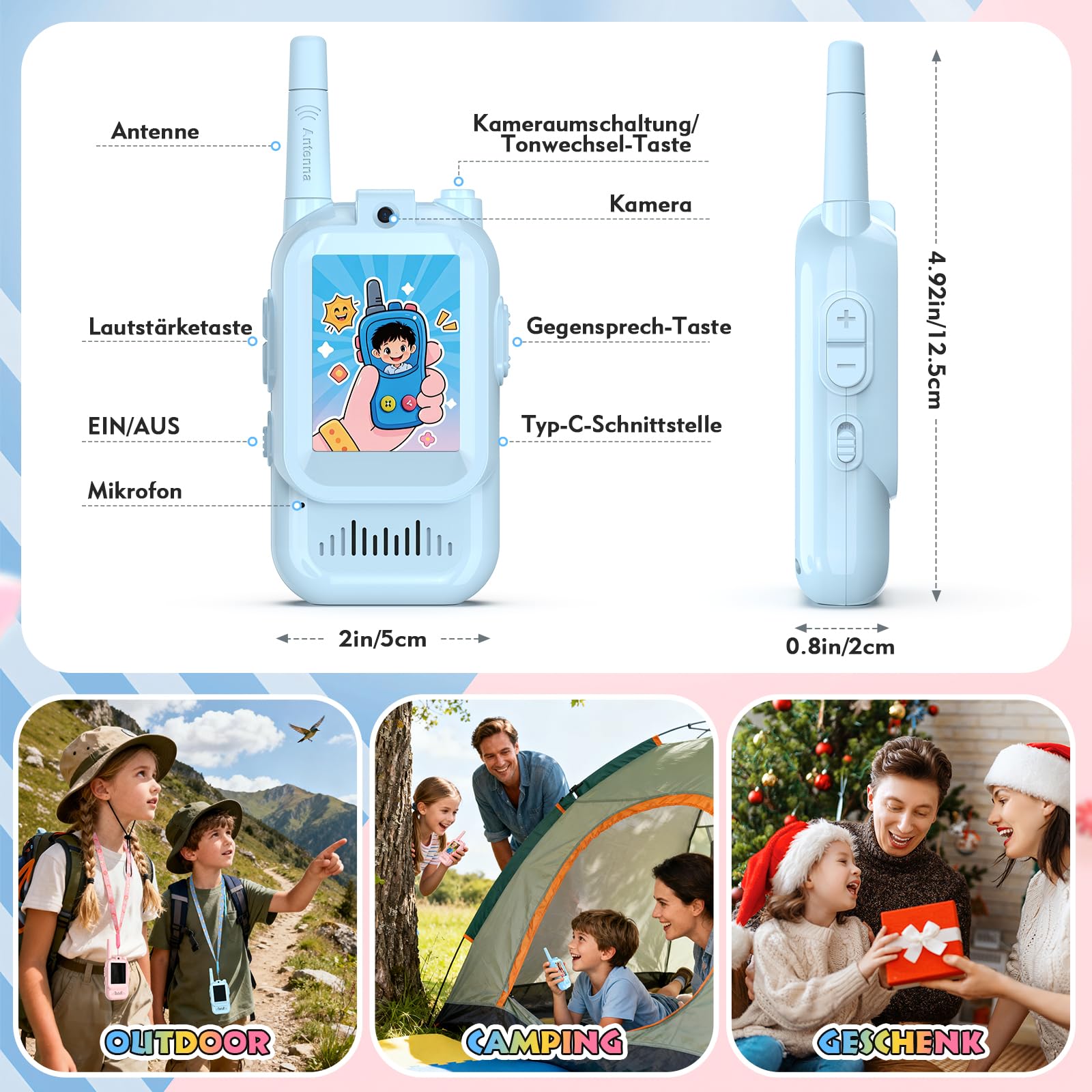 Video Walkie Talkie Kinder,2er Set Walky Talky Kinder Aufladbar Weihnachten Geschenk Spielzeug 3-12 Jahren Junge und Mädchen,5km Walki Talki für Abenteuer im Freien (Blau+Rosa, Einheitsgröße)