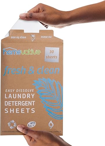 Homevative Hojas de detergente para lavandería, fácil de disolver, 30 hojas, aroma fresco y limpio, paquete ecológico, ideal para viajes,