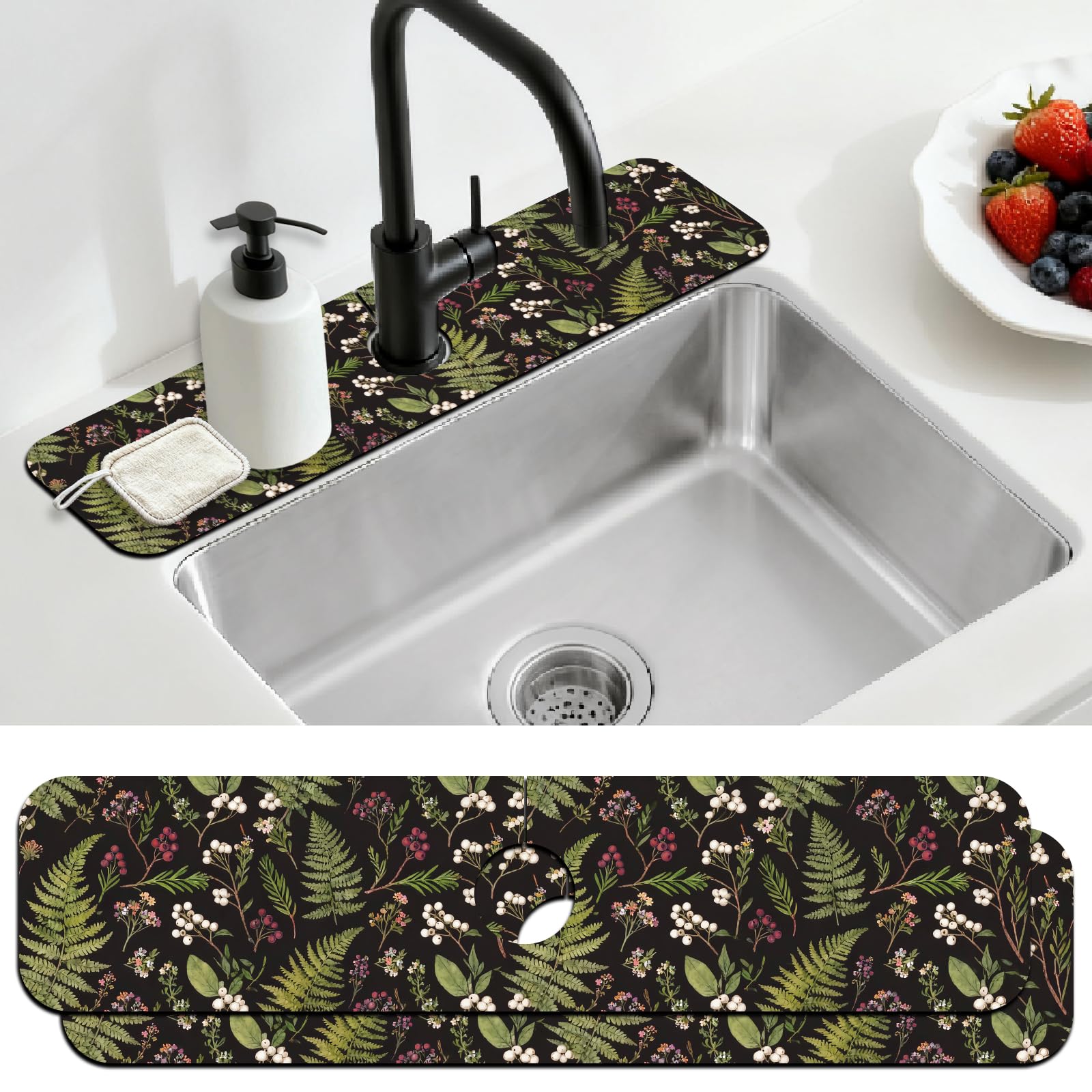 CONCHLERY Kitchen Sink Splash Guard Faucet Mat Faucet Mat for Sinks Absorbing Drying Mat for Kitchen Bathroom (Vintage Fern and Berries)