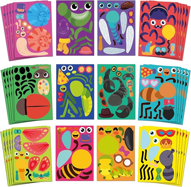 Sinceroduct Make Your Stickers propres pour les enfants, Fun Bug Sticker Kit avec 60 Insecte, Feuilles d'autocollants pour visage animal, parfait pour les récompenses, les fêtes, les cadeaux de vacances et le jour de Noël