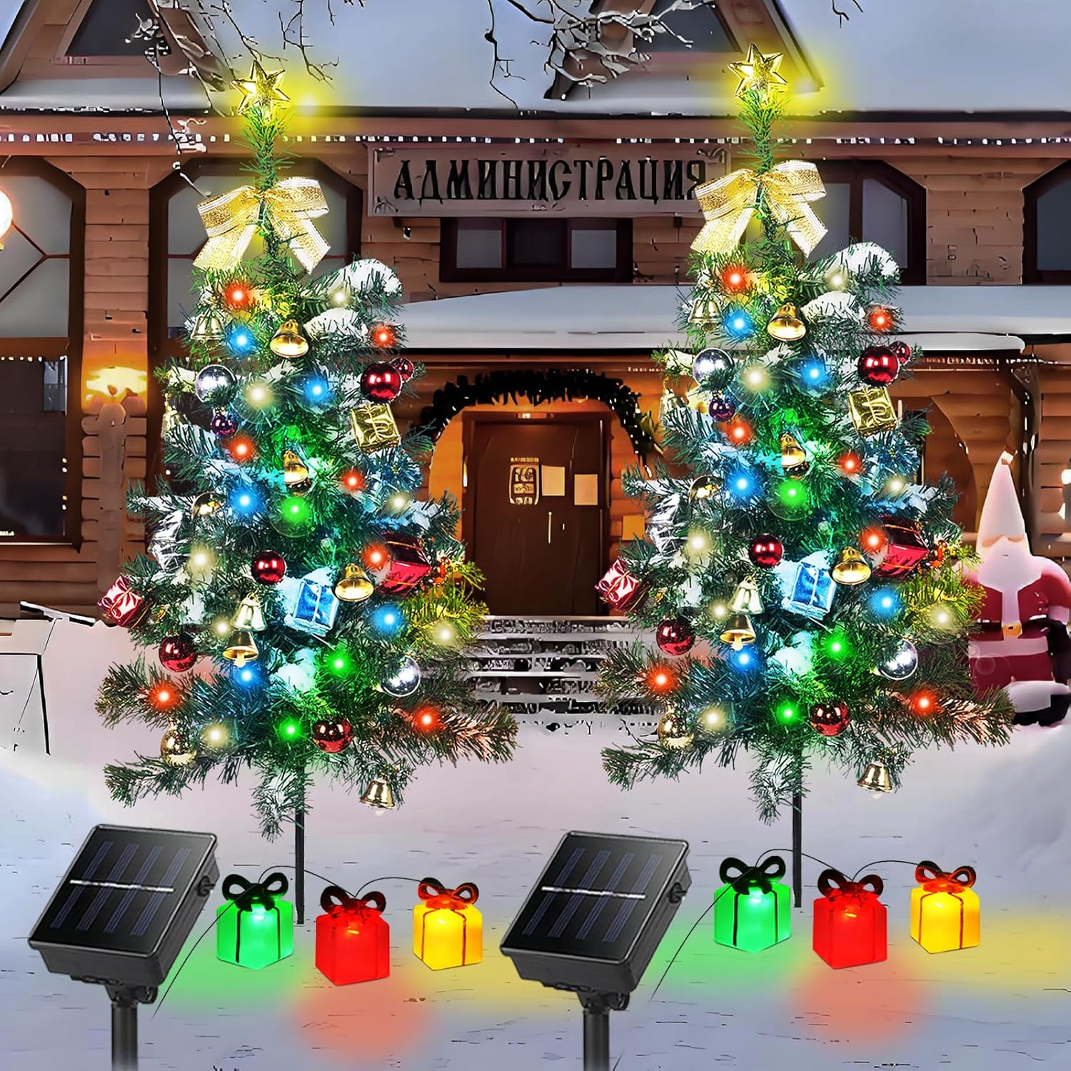 Solar Christmas Tree Decorations Outdoor Lights 2 Pack with 60 LED 44 Xmas Ornaments 6 Lighted Gift Boxes 8 Modes 30Inch Mini Prelit Christmas Tree for Porch Pathway Yard Grave Cemetery Decor