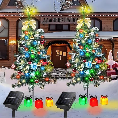 Solar Christmas Tree Decorations Outdoor Lights 2 Pack with 60 LED 44 Xmas Ornaments 6 Lighted Gift Boxes 8 Modes 30Inch Mini Prelit Christmas Tree for Porch Pathway Yard Grave Cemetery Decor