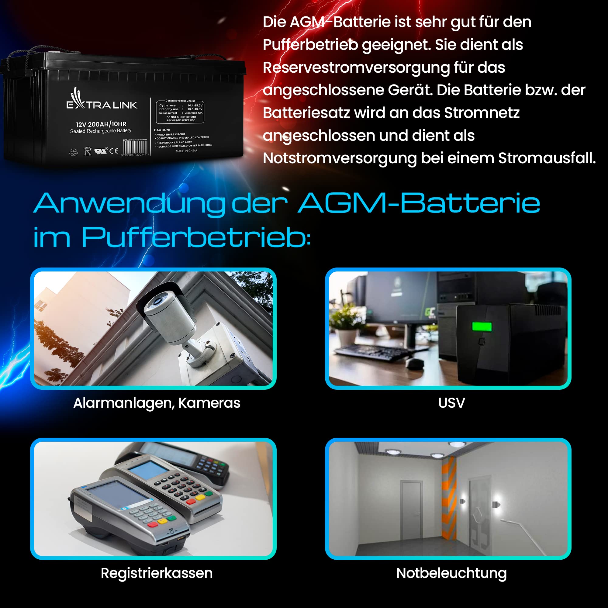 Extralink AGM Batterie 12V 200Ah – wartungsfrei, auslaufsicher, Deep Cycle – langlebige Versorgungsbatterie für Photovoltaik, Wohnmobil, USV, Inselanlage & Notstromversorgung