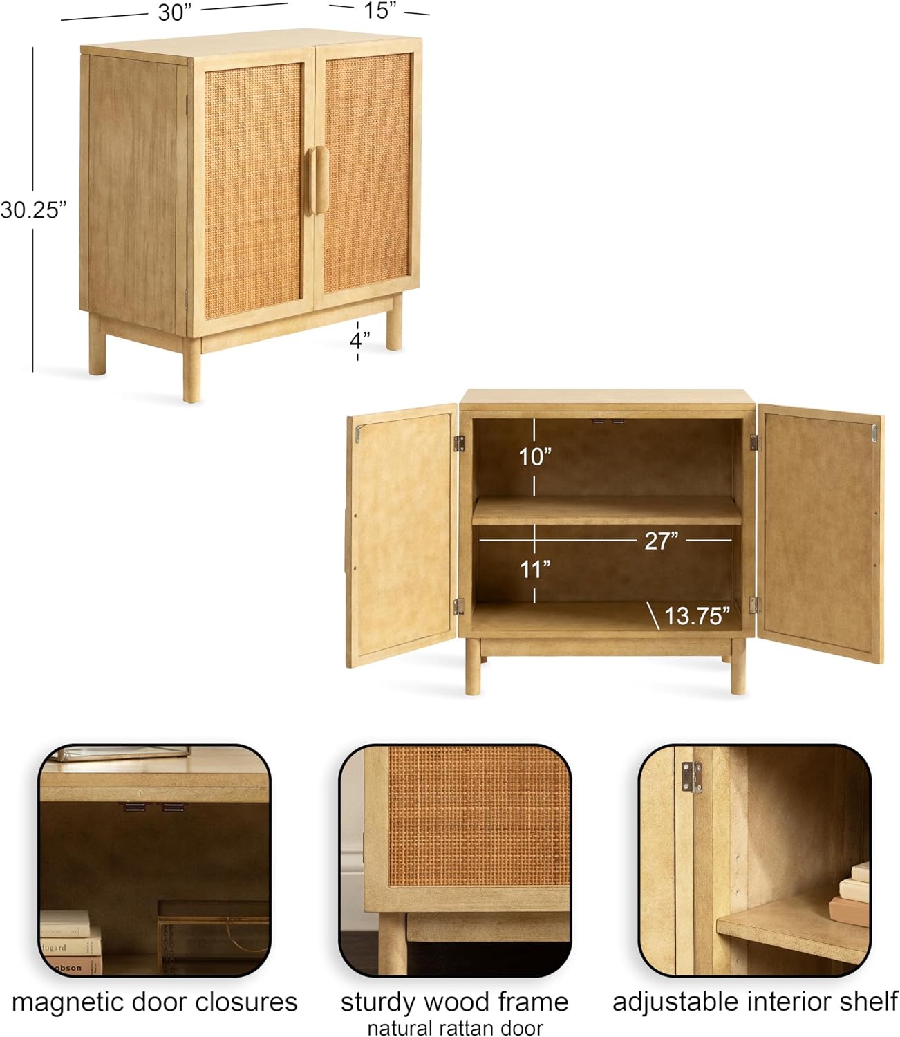 Kate and Laurel Ori Modern Two-Door Rattan Floor Storage Cabinet, 30 x 15 x 31, Natural, Transitional Living Room TV Stand for Use as Sideboard Buffet Cabinet or Bar Storage Buffet