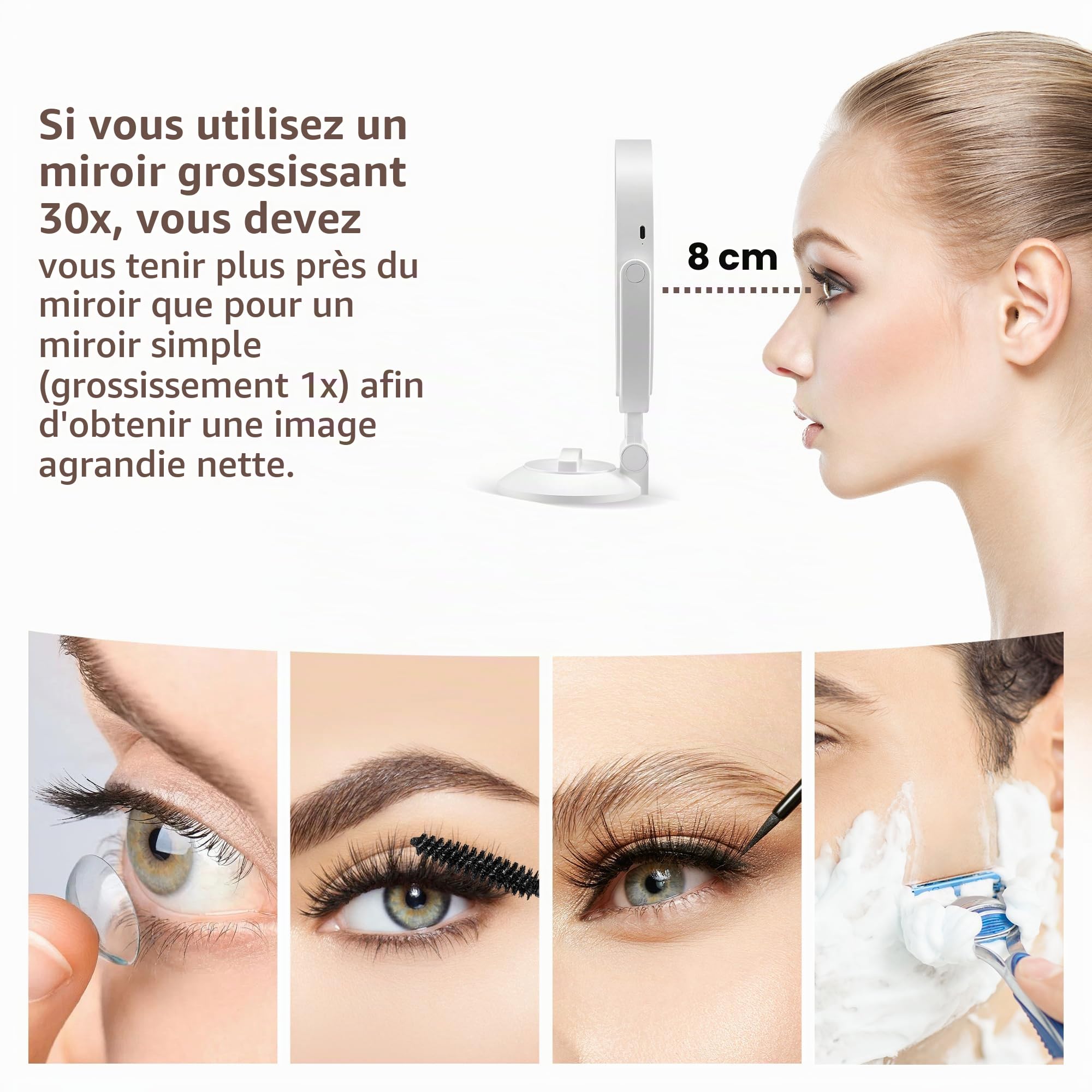MOMOKUBA Miroir grossissant avec ventouse, double face avec éclairage, 3 modes, 30 compartiments