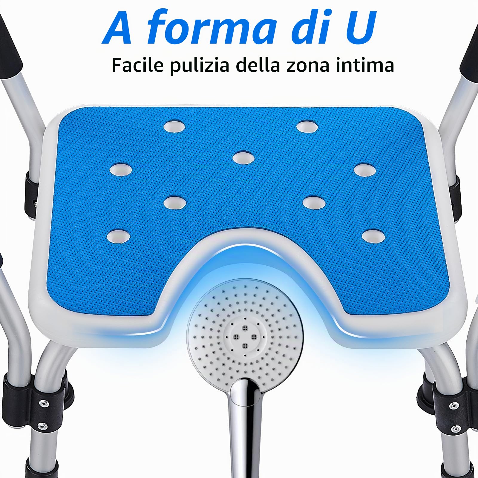 Sedia da Doccia con Seduta a U e Braccioli, Sgabello Doccia | Regolabile in Altezza, Cuscino EVA Antiscivolo, Portata fino a 150 kg, per Anziani,Donne in Gravidanza e Convalescenza