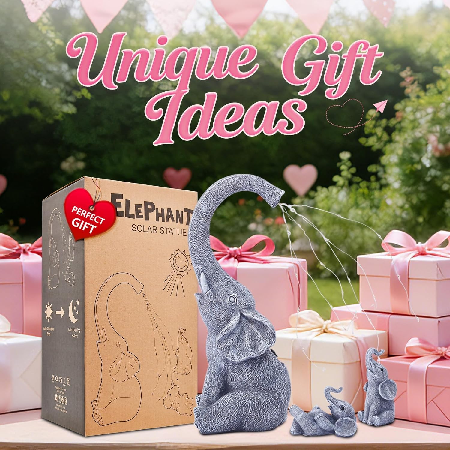 Qeeman Solar Elephant Statue Family Set 3Pcs: IP44 Weatherproof Outdoor Tricolour LED Lights Decor - Paths Patio Backyard Garden Sculpture Ornament for Mom Grandma Women - Image 8