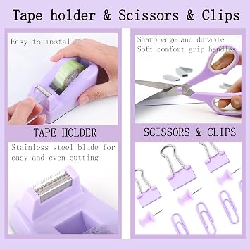 Purple Office Desk Accessories Supplies, 12pcs Desk Organizers and Accessories with Tape Dispenser and Stapler,Staples,Staple Remover,Pen Holder,Scissor,Ruler,Sticky Tabs,Tape,Ballpoint Pen,Clips Set