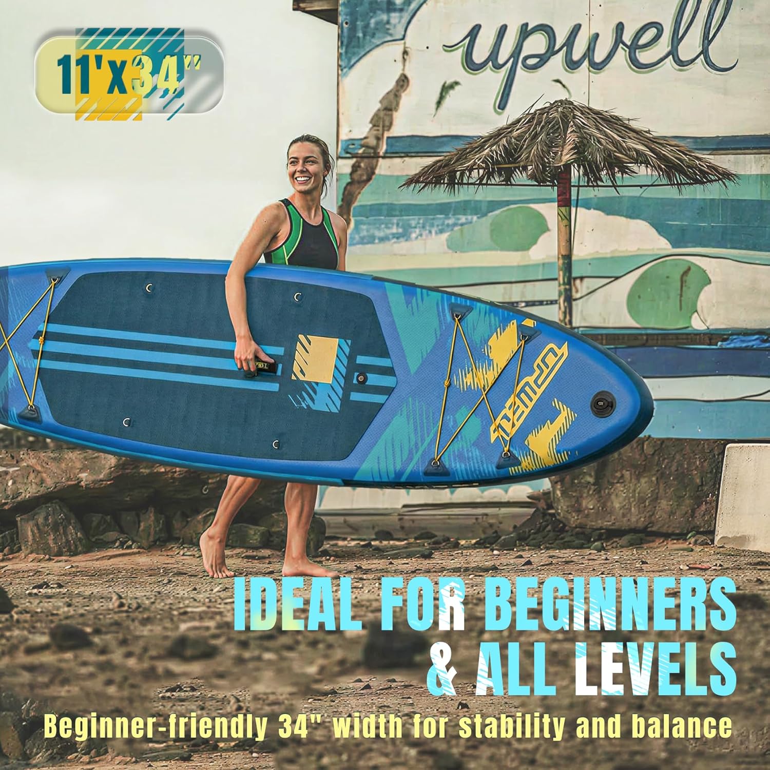 UPWELL 11'×34" Stand Up Paddle Board, SUP Board for Adults & Teens, Inflatable SUP Board with Premium Accessories, 120L Backpack, Paddle, Leash, Hand Pump, Fins