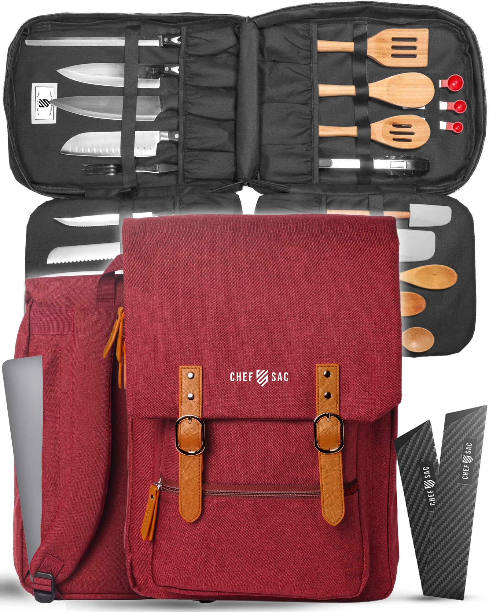Chef Knife Bag Vintage Backpack | 30+ Pockets for Knives and Chef Tools | Knife Carrying Case with Hidden Back Pocket for Tablet | Sturdy Knife Bag for Chefs & Culinary Students (Red) — image 1