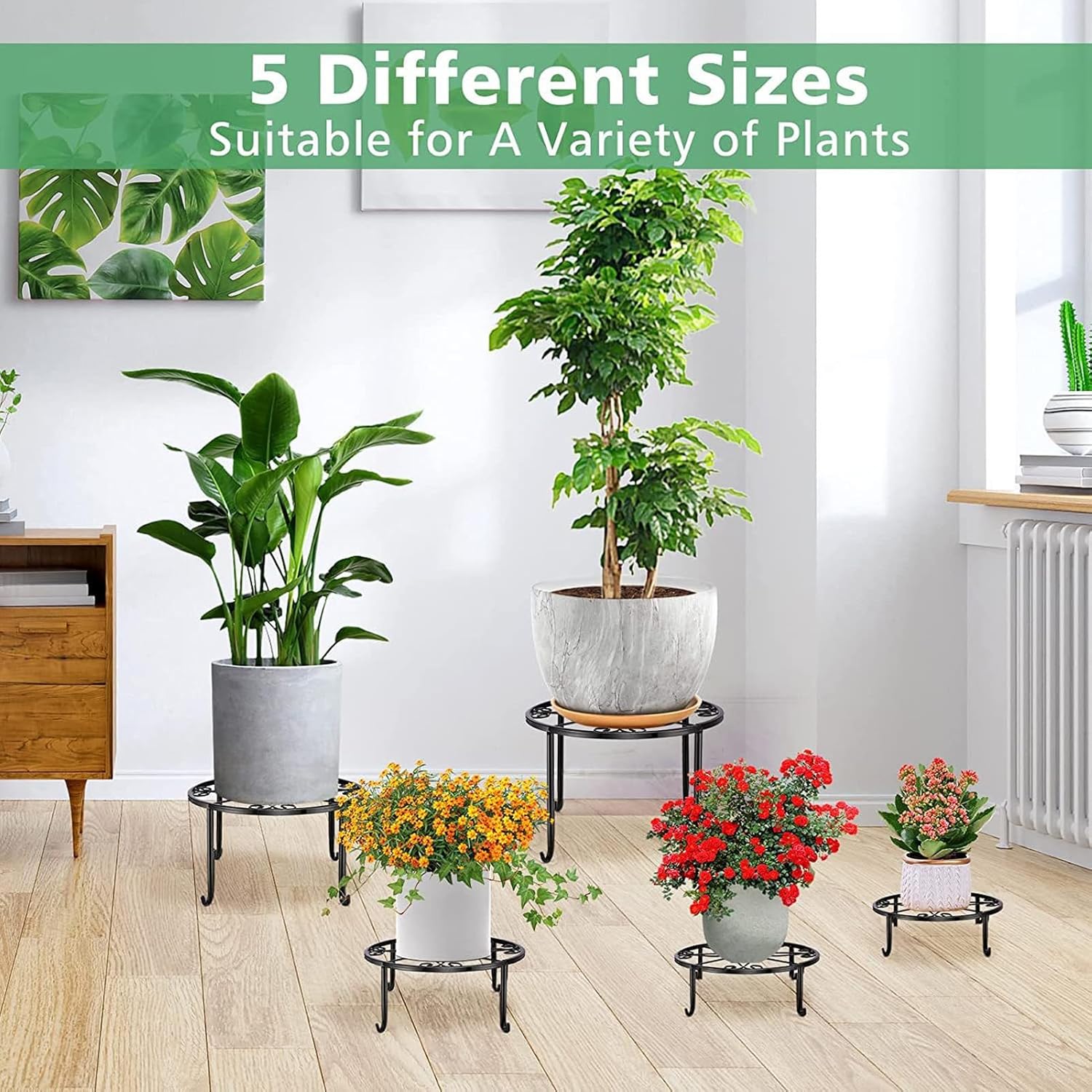 Asixxsix 5 Pack Metal Plant Stands, Heavy Duty Flower Pot Stands, Indoor Outdoor Rustproof Metal Planter Container Round Supports Display Rack for Decor