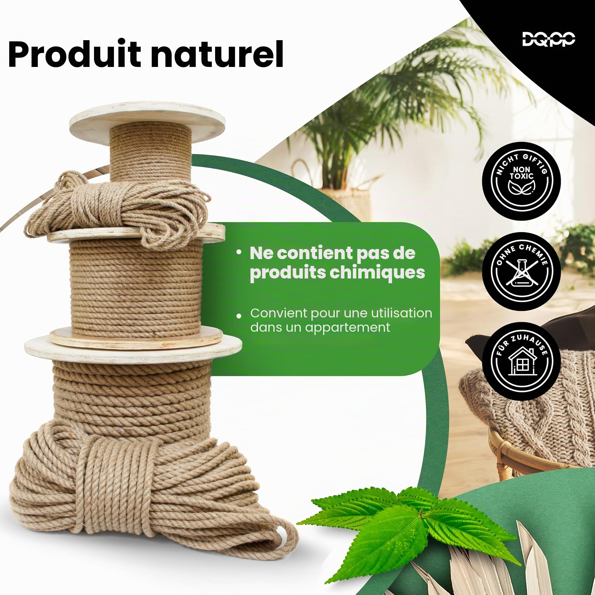 DQ-PP Corde en Jute | 15m | 30mm d'épaisseur | Naturel Fil de Jute | Ficelle de Jute | Naturelle Deco Cordelette Balancoire Jardin
