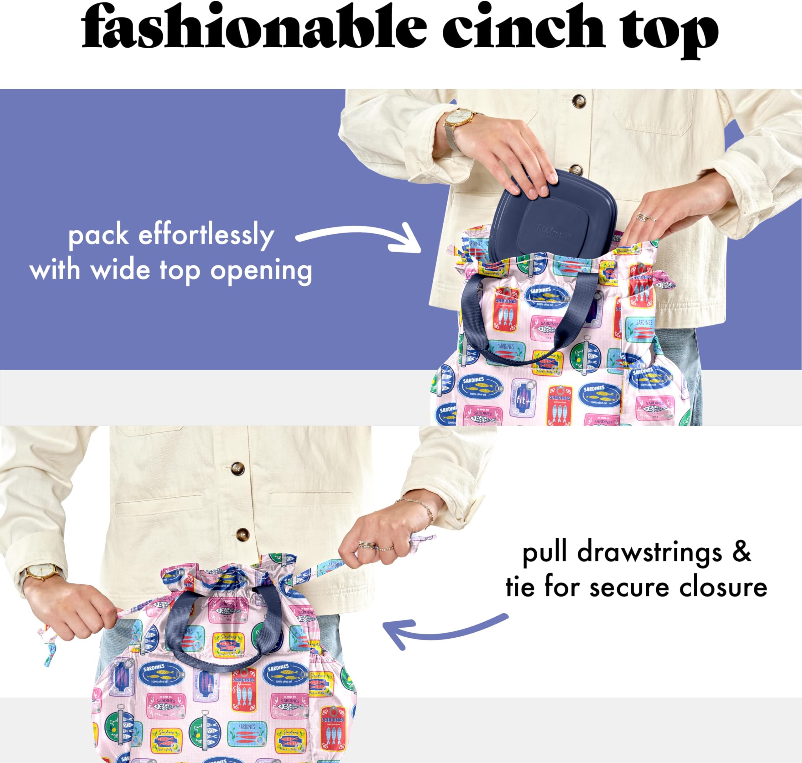 Fit & Fresh Lunch Bag For Women, Insulated Womens Lunch Bag For Work, Stain-Resistant Large Lunch Box For Women With Containers, Cinch Closure Cromwell Bag, Assorted Sardine Cans