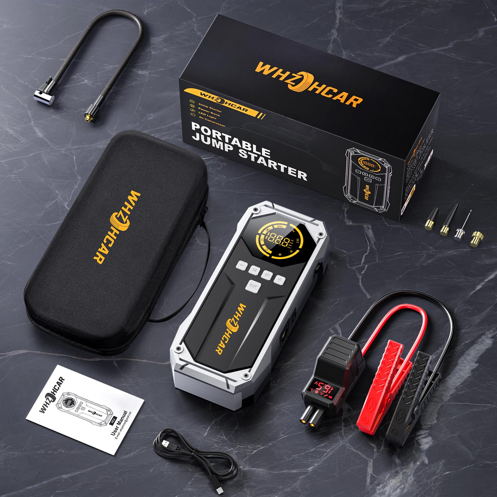 Arrancador de Coches 8000A Compresor de Aire 150PSI Arrancadores de Bateria de Coche 12V (hasta 12L de diésel o All de Gasolina) Jump Starter con Lumen LED Clips de Seguridad Inteligentes Carga Rápida