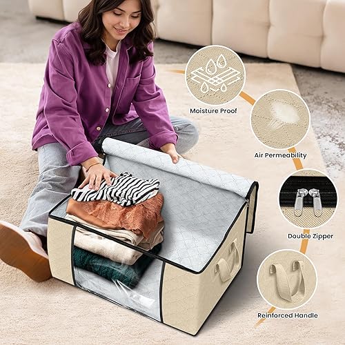 Vista 4 de Fab totes Paquete de 3 bolsas de almacenamiento plegables de tela gruesa, contenedores para organizar dormitorio, armario, ropa, edredón, Beige