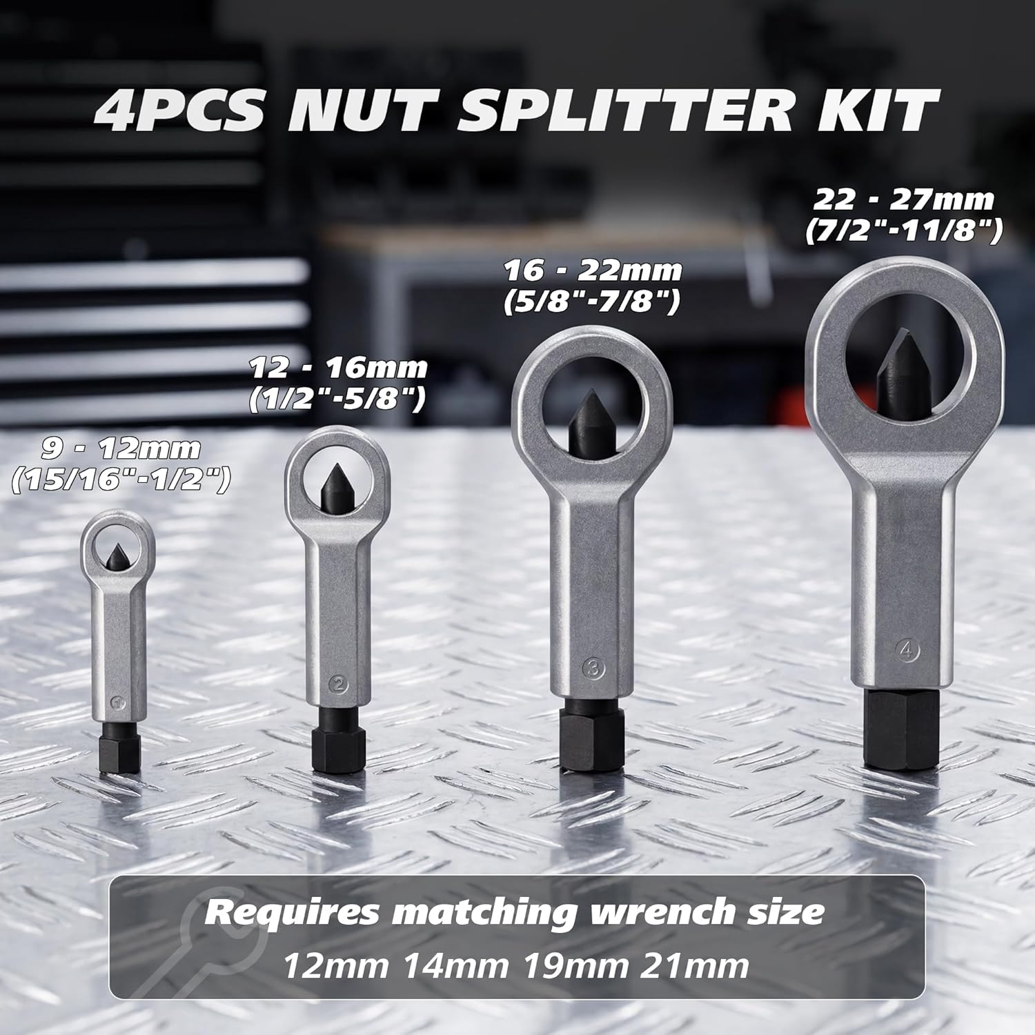 4-Piece Heavy Duty Nut Splitter Set, Nut Removal Tool, 9-27mm Manual Pressure Nut Cracker Remover Extractor, Designed Specifically for Removing Broken, Damaged, or Rusted Nuts